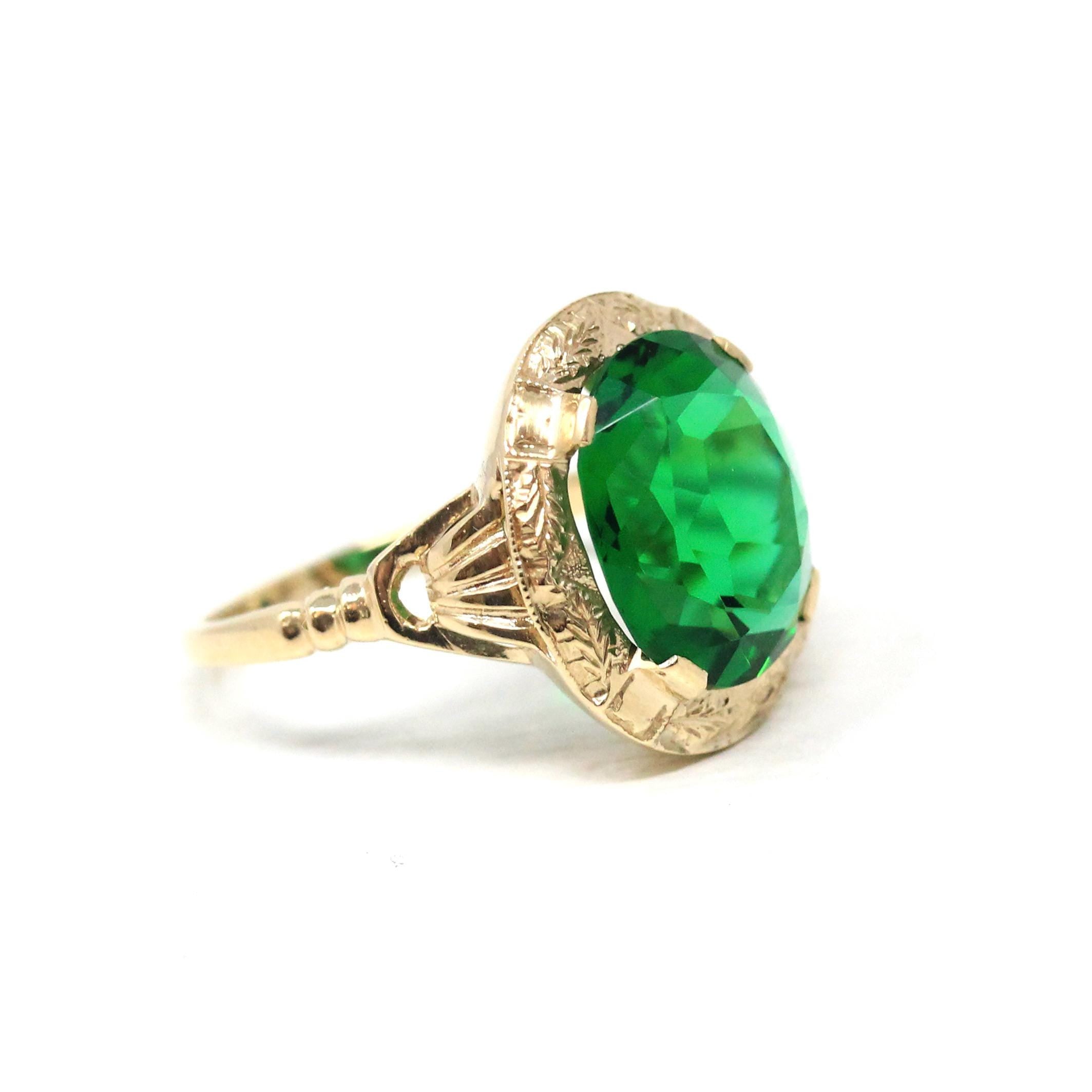 Simulated Emerald Ring - Retro Era 10k Yellow Gold Oval Faceted Green Glass Stone - Vintage 1940s Size 5 3/4 Fine May Birthstone Jewelry