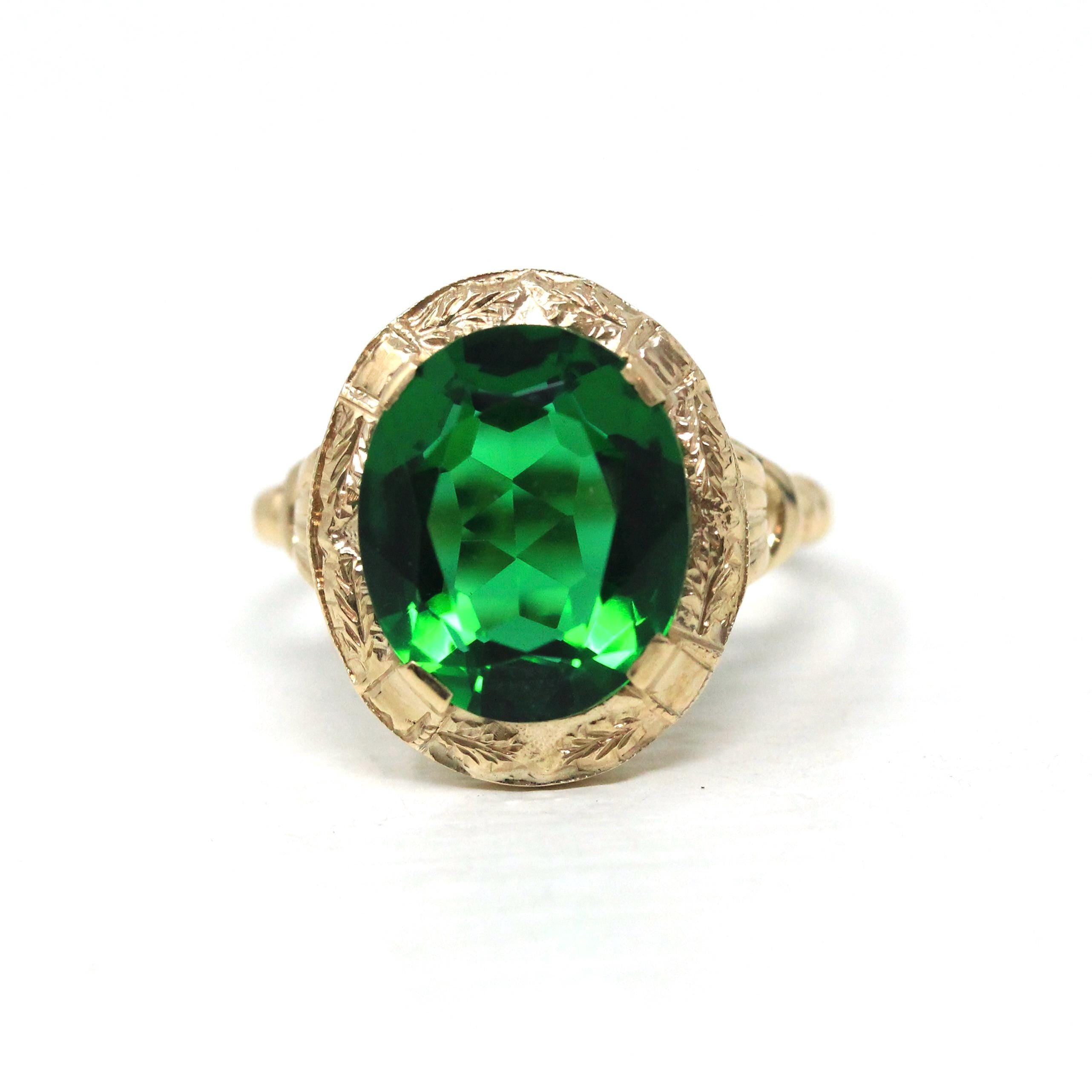 Simulated Emerald Ring - Retro Era 10k Yellow Gold Oval Faceted Green Glass Stone - Vintage 1940s Size 5 3/4 Fine May Birthstone Jewelry