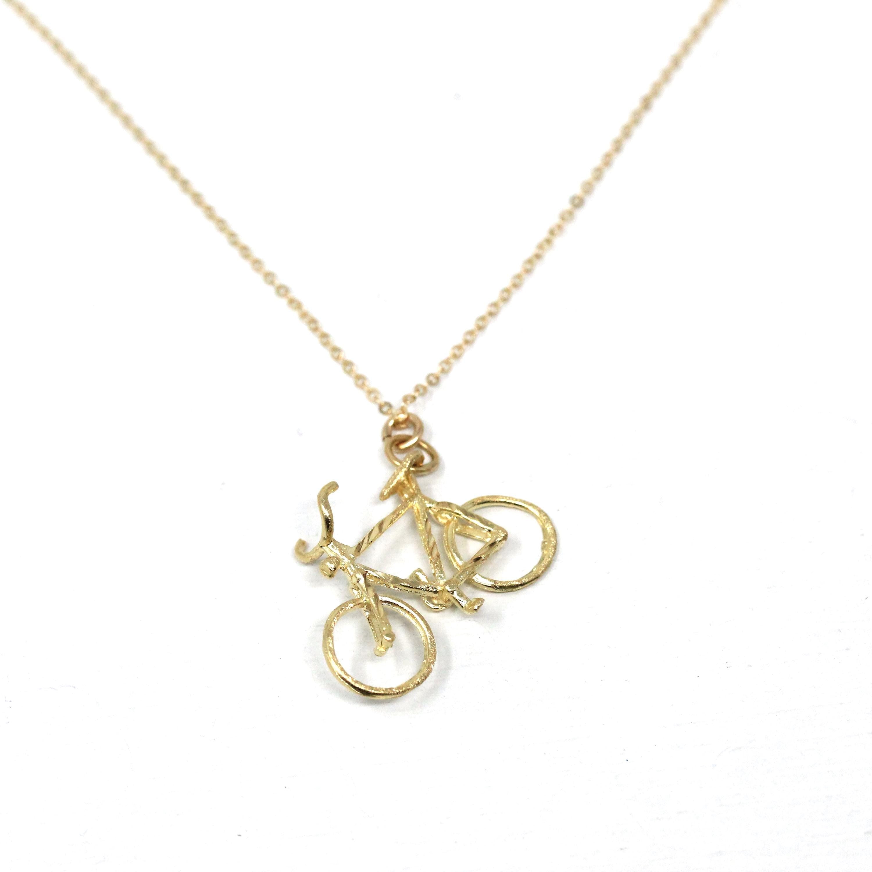 Estate Bike Charm - Modern 14k Yellow Gold Figural Bicycle Pendant Necklace - Y2K 2000s Era Transportation Sport Statement Fine Jewelry