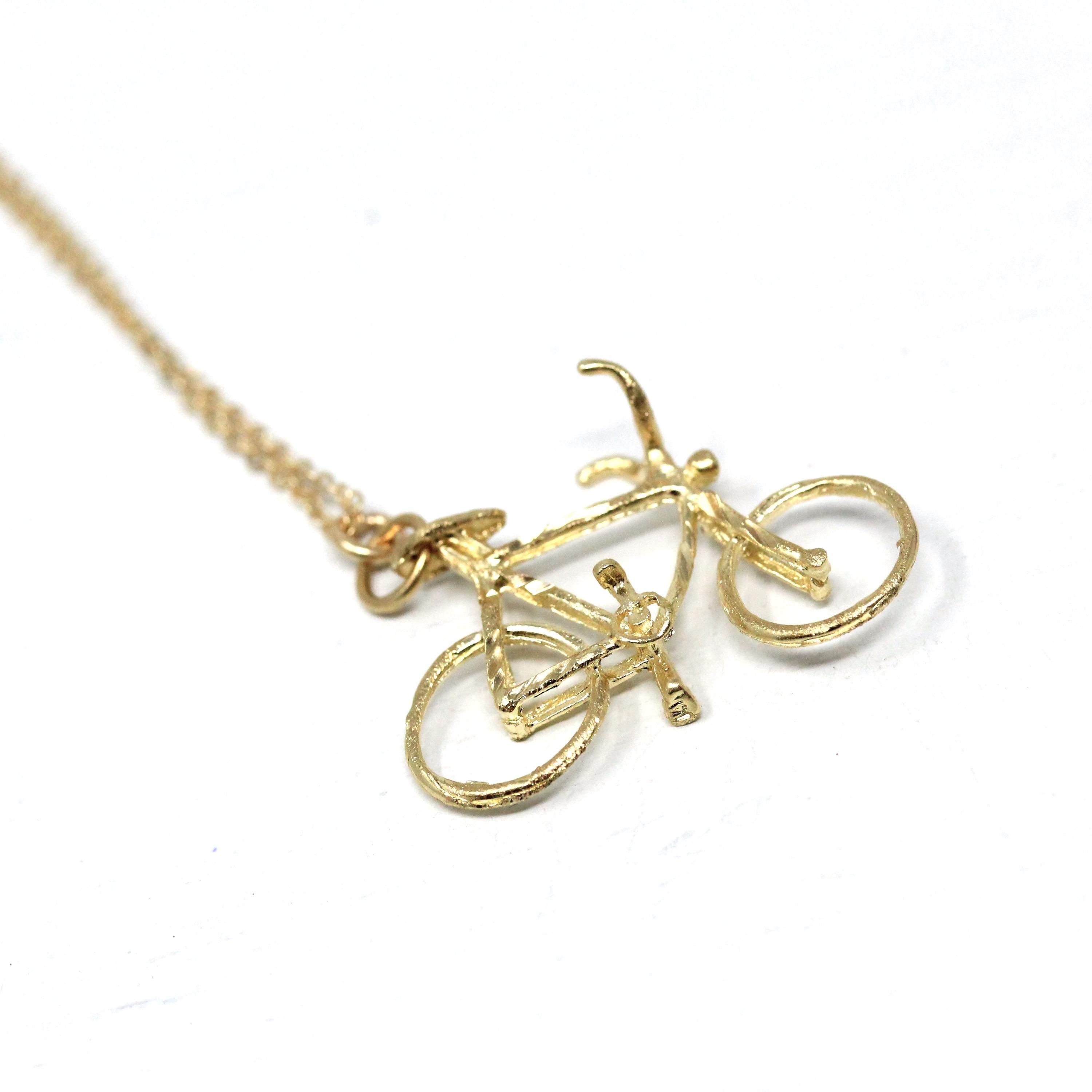 Estate Bike Charm - Modern 14k Yellow Gold Figural Bicycle Pendant Necklace - Y2K 2000s Era Transportation Sport Statement Fine Jewelry