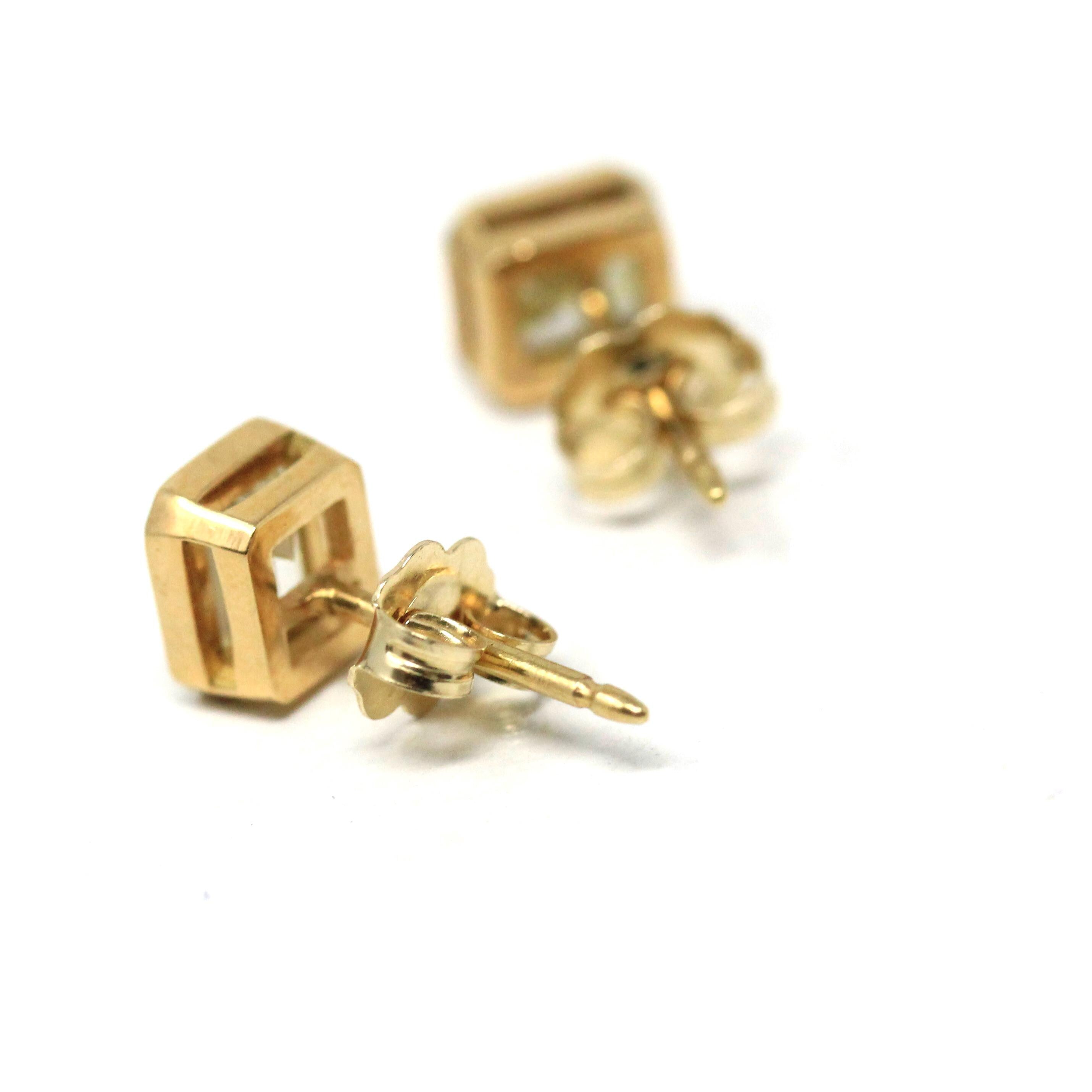 Genuine Diamond Earrings - Modern 18k Yellow Gold 1.59 CTW Gemstones Pierced Posts Studs - Bezel Set Emerald Cut Light Yellow Fine Jewelry