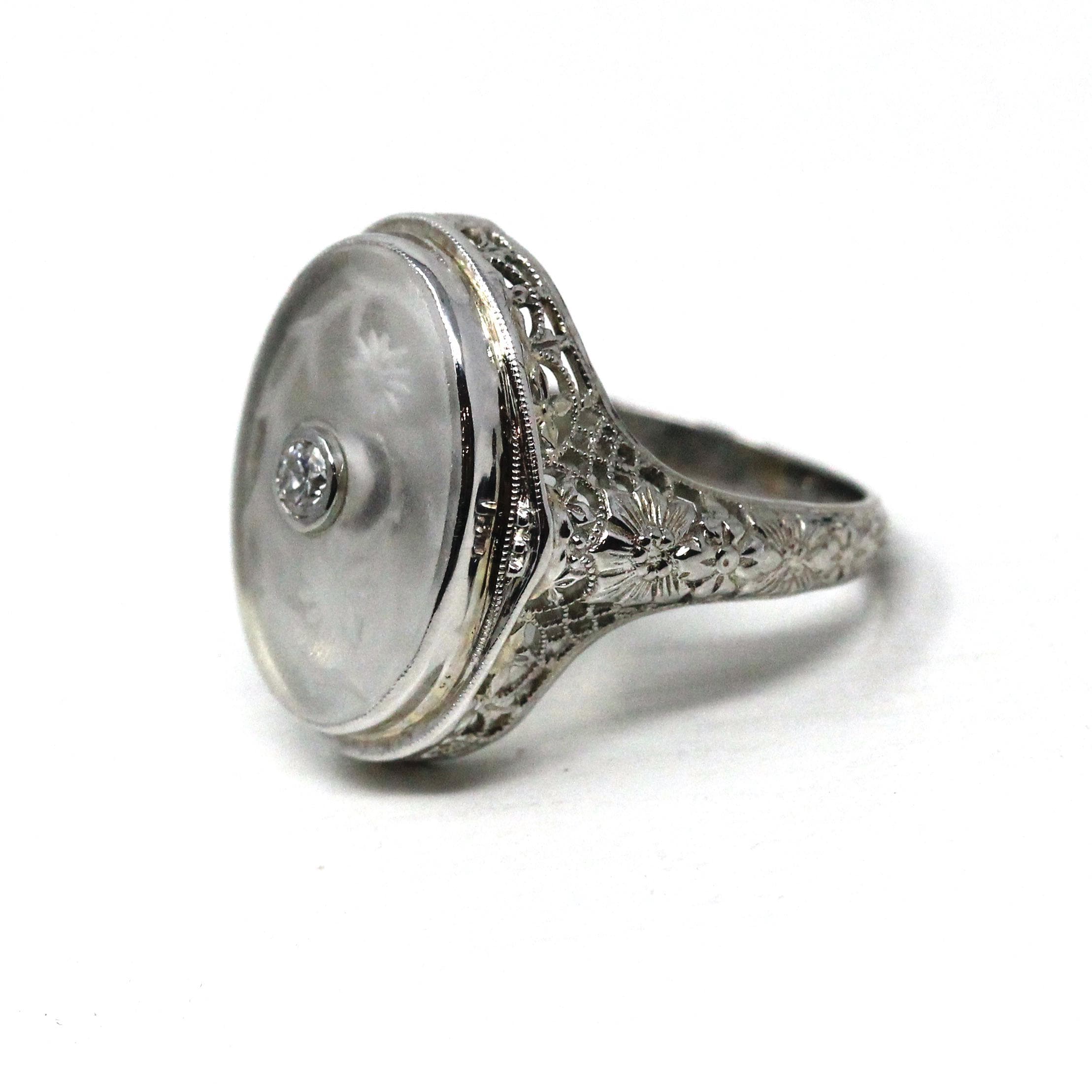 Rock Crystal Quartz Ring - Vintage 18k White Gold Filigree Diamond Statement - Art Deco 1930s Size 4 1/2 Camphor Glass Style Fine Jewelry