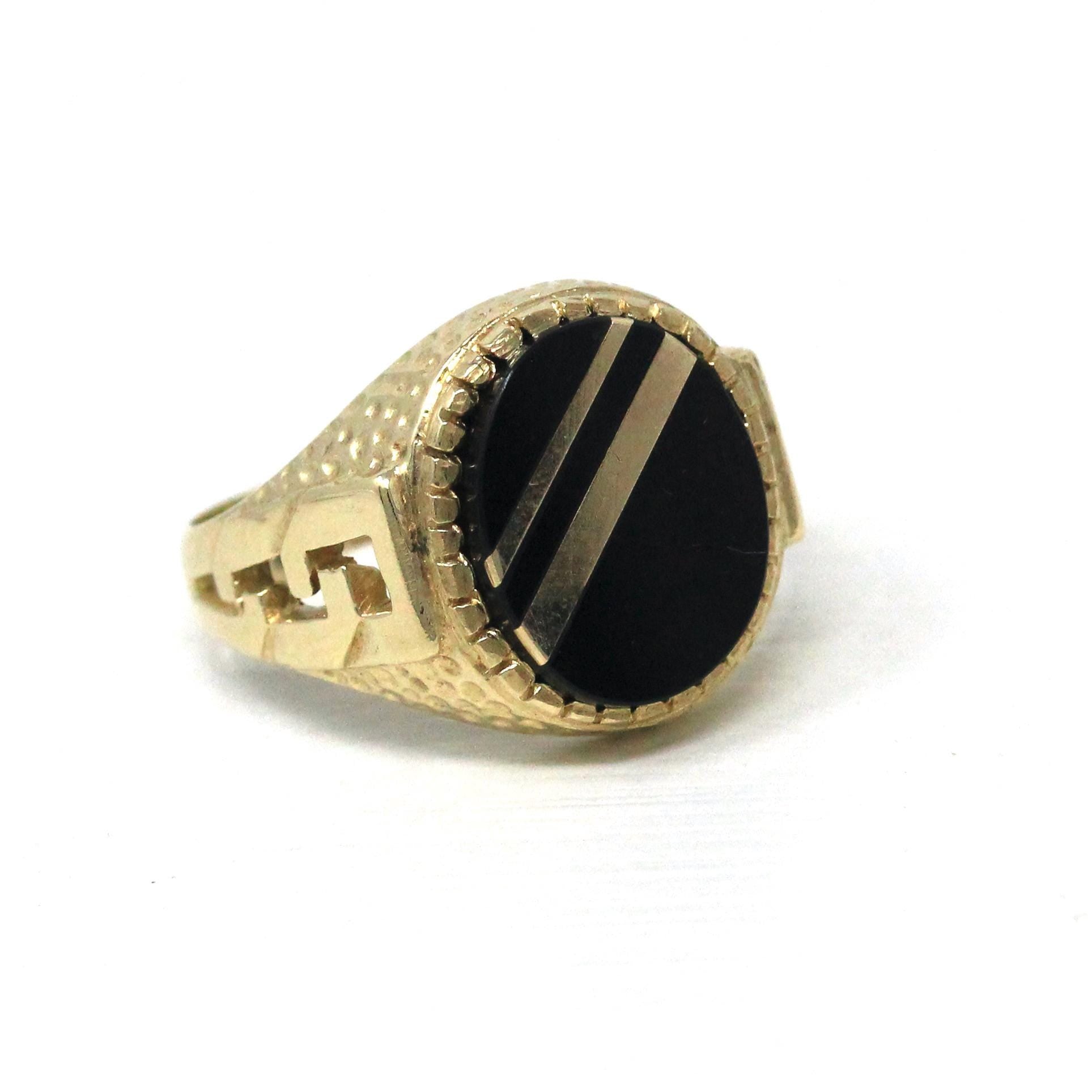 Onyx Signet Ring - English 9k Yellow Gold Oval Black Chalcedony Gem - Size 9 Vintage Unisex Statement Fine Greek Key Diagonal Line Jewelry
