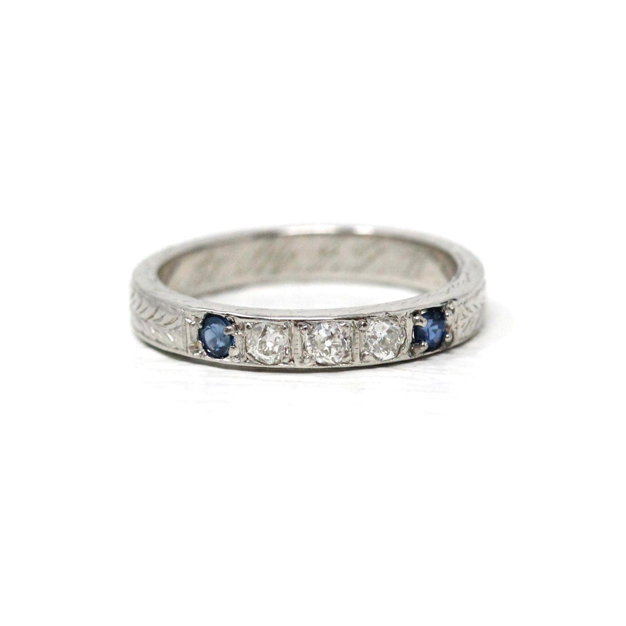 Sapphire & Diamond Band - Art Deco 1925 18k White Gold Eternity Style Wheat Engraving Ring - Dated 1920s Size 5 3/4 Fine Bridal Jewelry