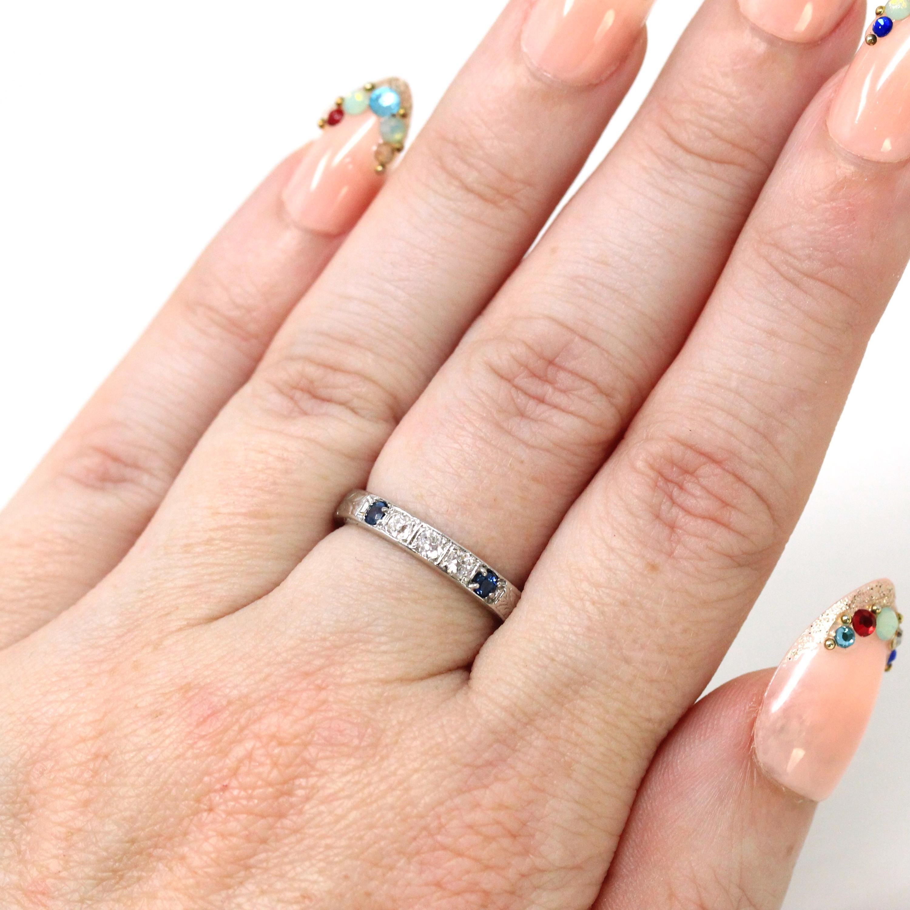 Sapphire & Diamond Band - Art Deco 1925 18k White Gold Eternity Style Wheat Engraving Ring - Dated 1920s Size 5 3/4 Fine Bridal Jewelry