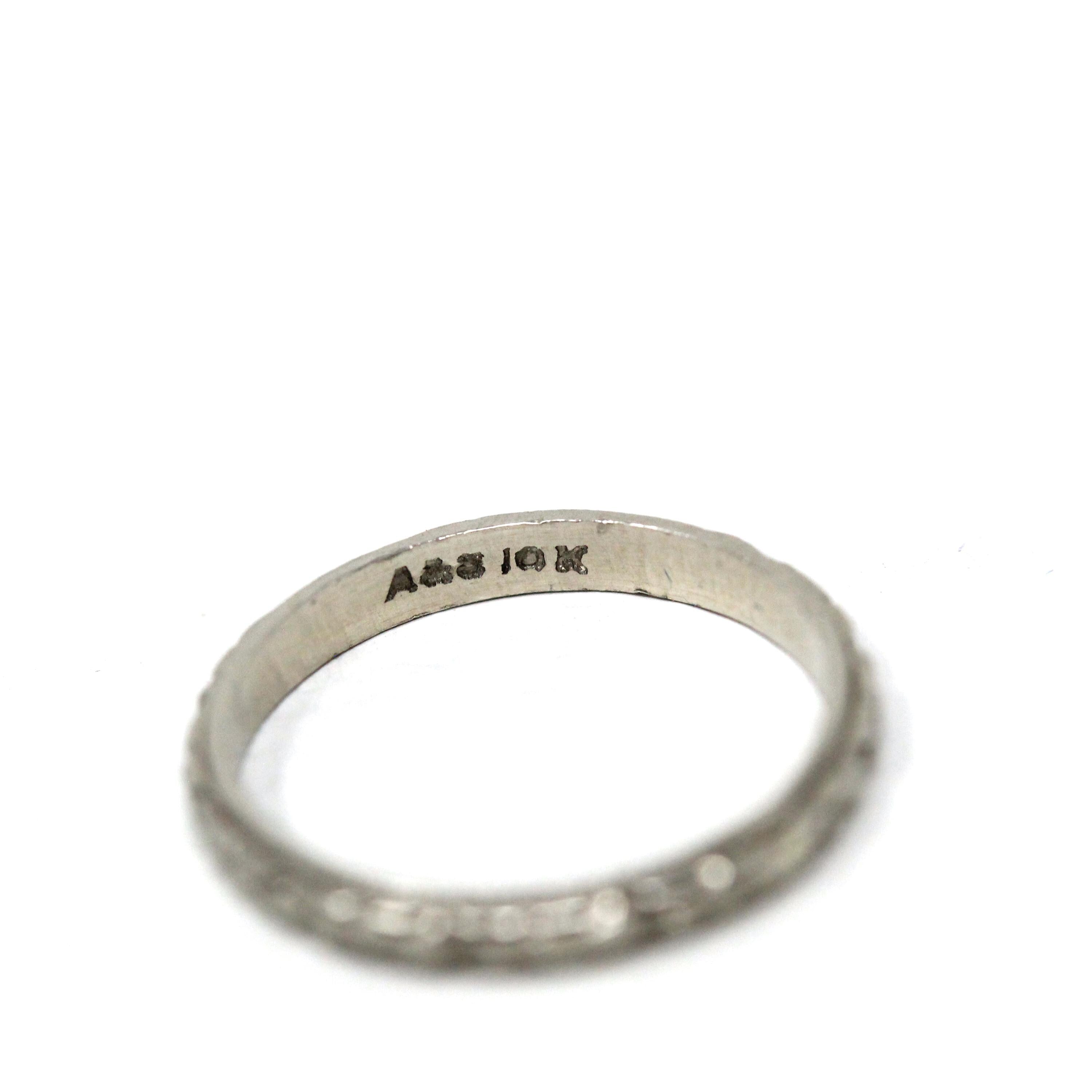 Vintage Baby Band - Art Deco 10k White Gold Orange Blossom Eternity Patterned Ring - Circa 1930s Era Size 1/2 Dainty Fine 30s Fine Jewelry