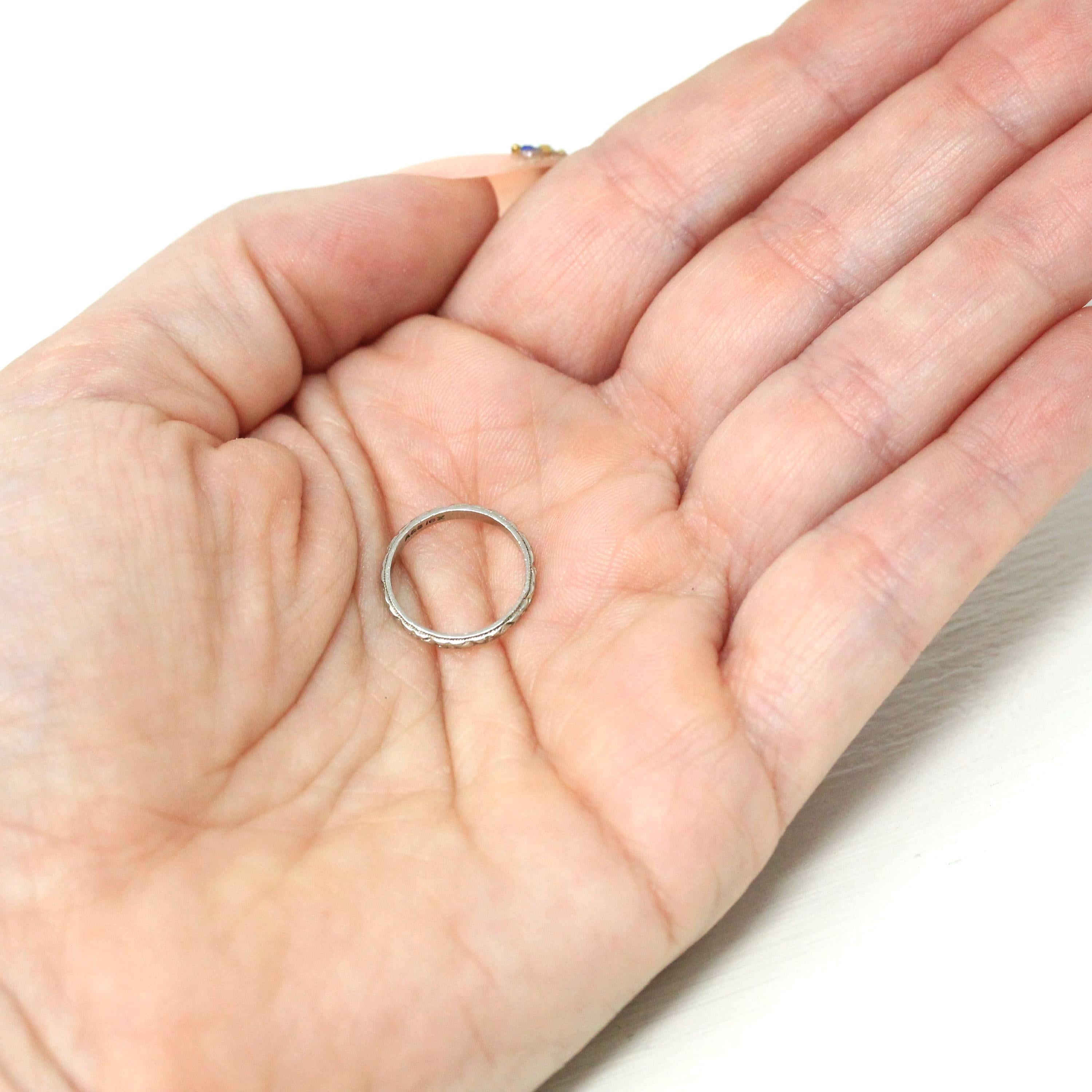 Vintage Baby Band - Art Deco 10k White Gold Orange Blossom Eternity Patterned Ring - Circa 1930s Era Size 1/2 Dainty Fine 30s Fine Jewelry