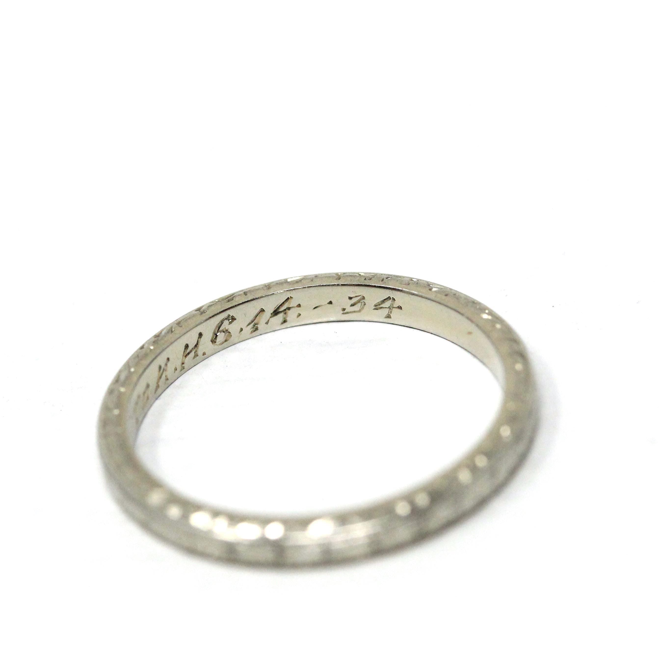 Antique Wedding Band - Art Deco Era 18k White Gold Eternity Design Ring - Vintage Dated 1934 Size 4 3/4 Stacking Bridal Fine 1930s Jewelry