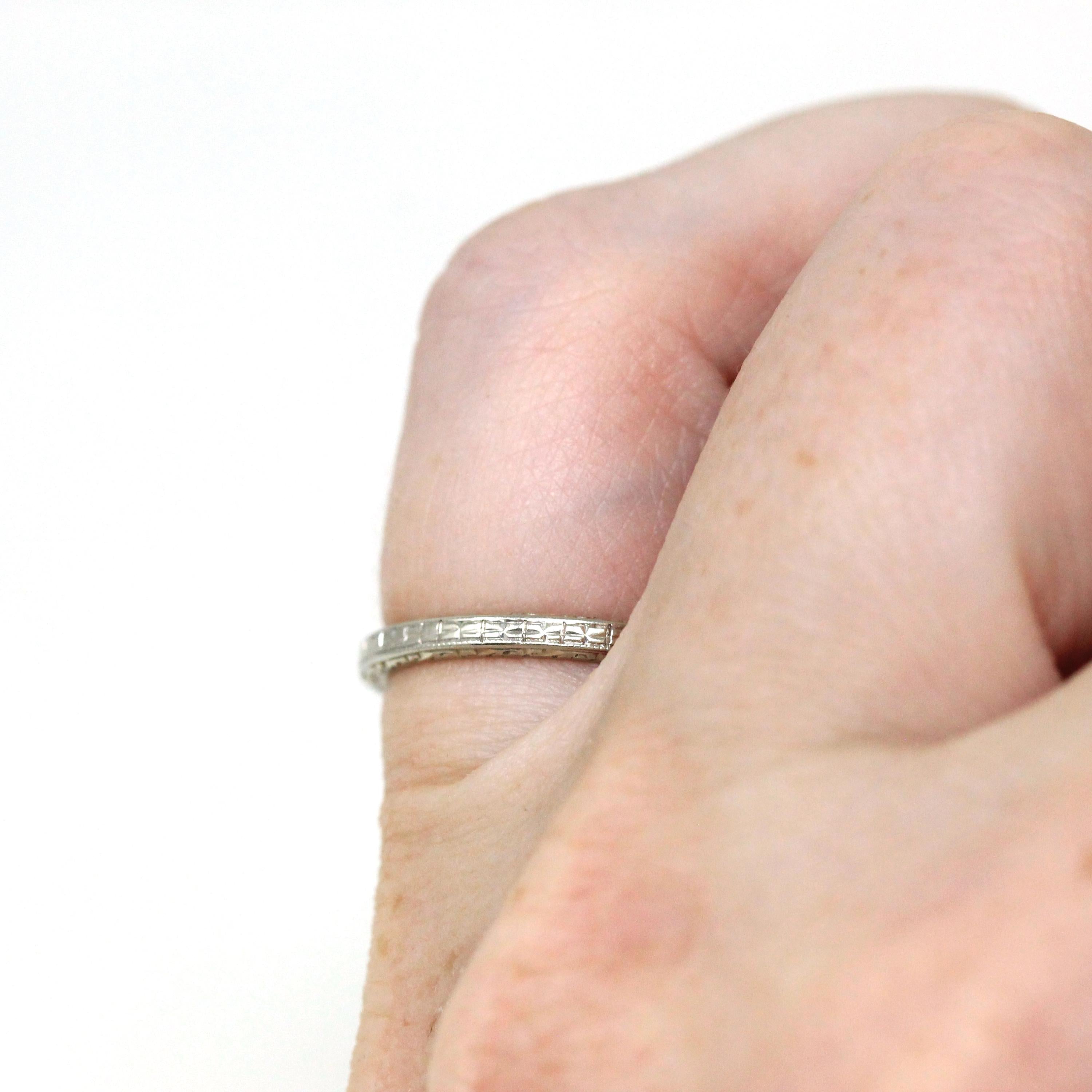 Antique Wedding Band - Art Deco Era 18k White Gold Eternity Design Ring - Vintage Dated 1934 Size 4 3/4 Stacking Bridal Fine 1930s Jewelry