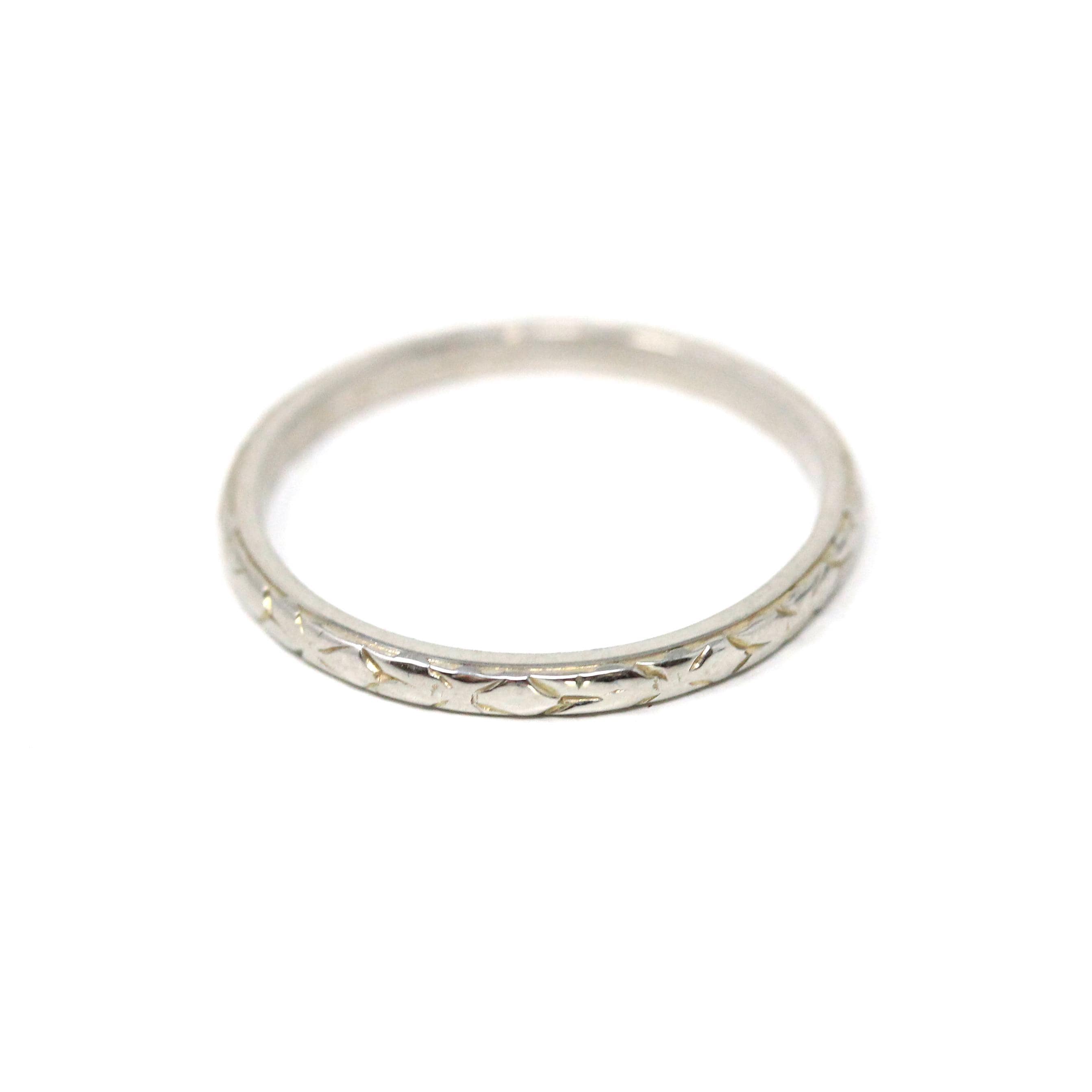 Antique Wedding Band - Art Deco Era 18k White Gold Faint Engraved Design Ostby & Barton Ring - Circa 1923 Size 5 3/4 Bridal Fine 20s Jewelry