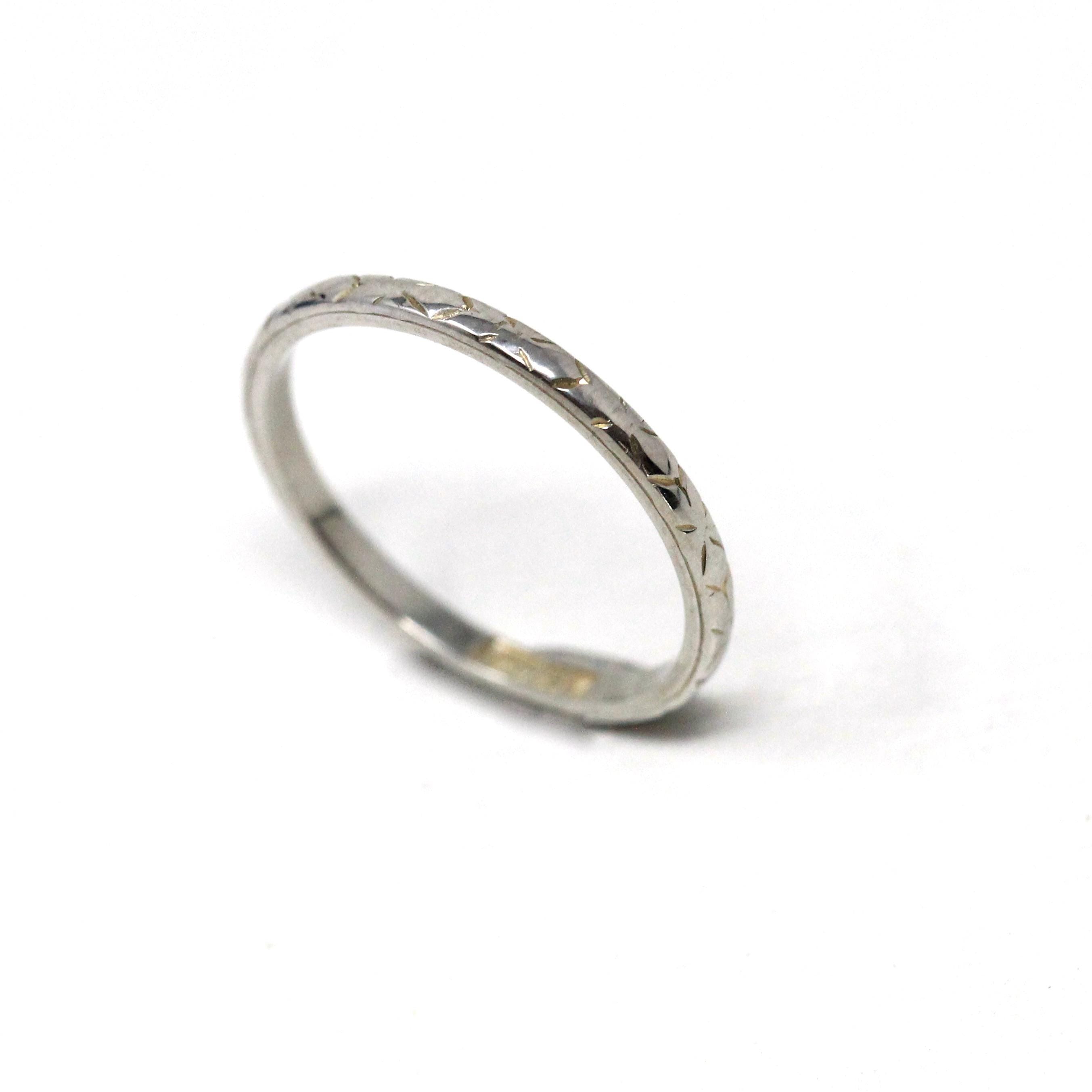 Antique Wedding Band - Art Deco Era 18k White Gold Faint Engraved Design Ostby & Barton Ring - Circa 1923 Size 5 3/4 Bridal Fine 20s Jewelry