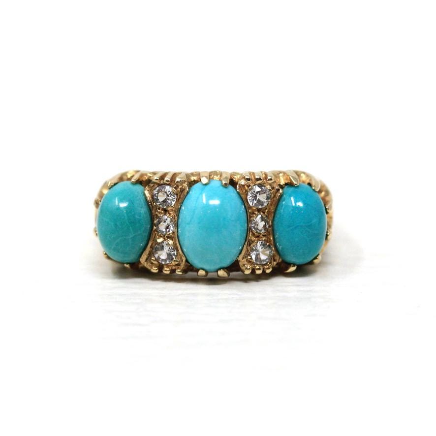 Simulated Turquoise Ring - Estate 9k Yellow Gold Glass Cabochon Three Stone Band - Hallmarked 2016 Size 7.5 Fine Birmingham Fashion Jewelry