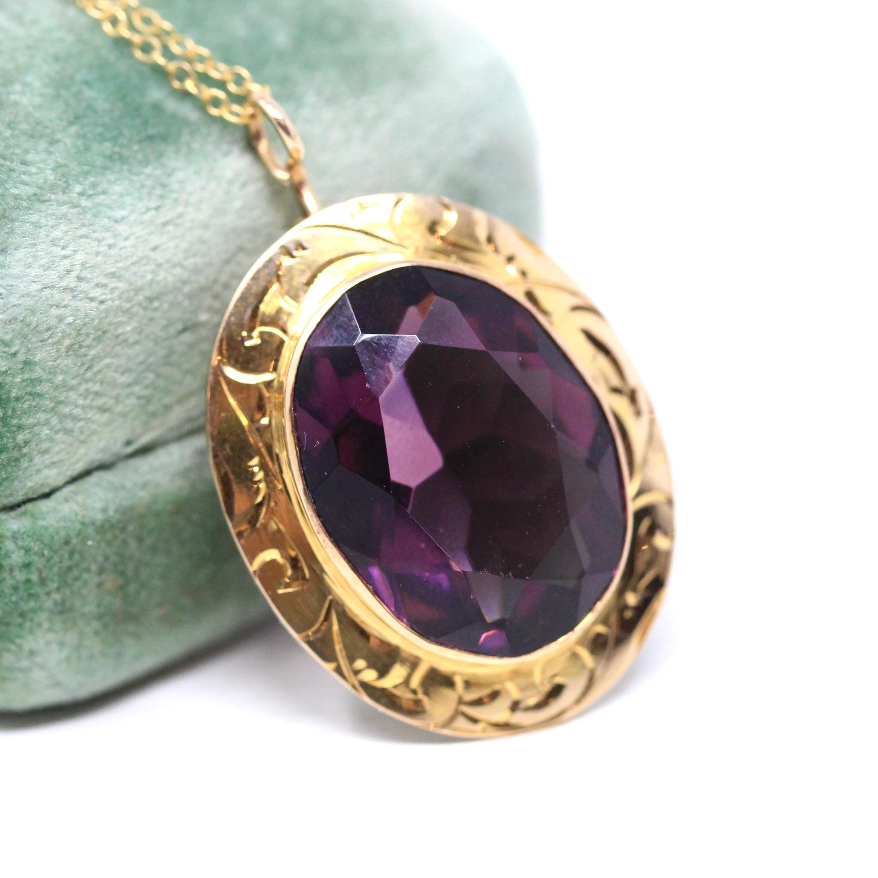 Simulated Amethyst Necklace - Edwardian Era 10k Yellow Gold Oval Faceted Purple Glass Pendant - Antique Circa 1910s Fine February Jewelry