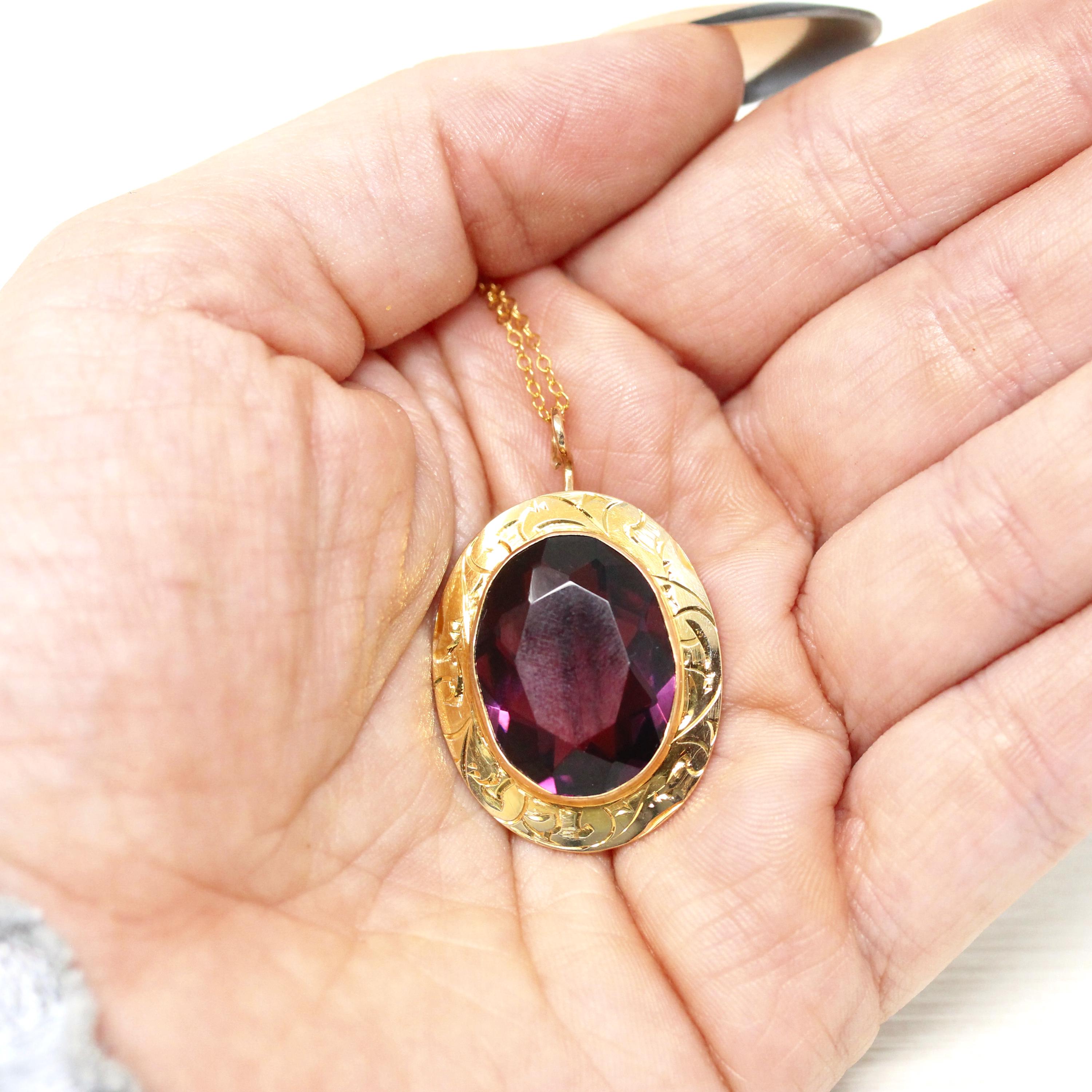Simulated Amethyst Necklace - Edwardian Era 10k Yellow Gold Oval Faceted Purple Glass Pendant - Antique Circa 1910s Fine February Jewelry