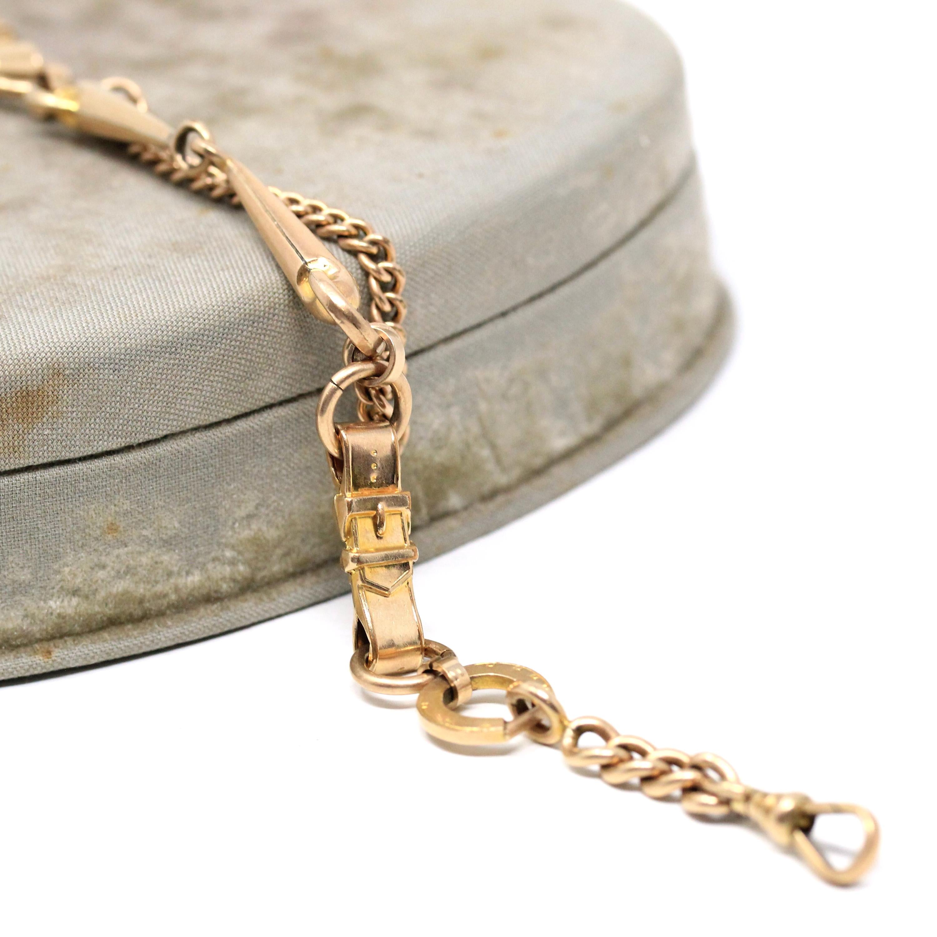 Equestrian Pocket Watch Chain - Victorian Gold Filled Riding Crop T Bar Swivel Clip - Antique Circa 1890s Era Horse Bridle Unisex Jewelry