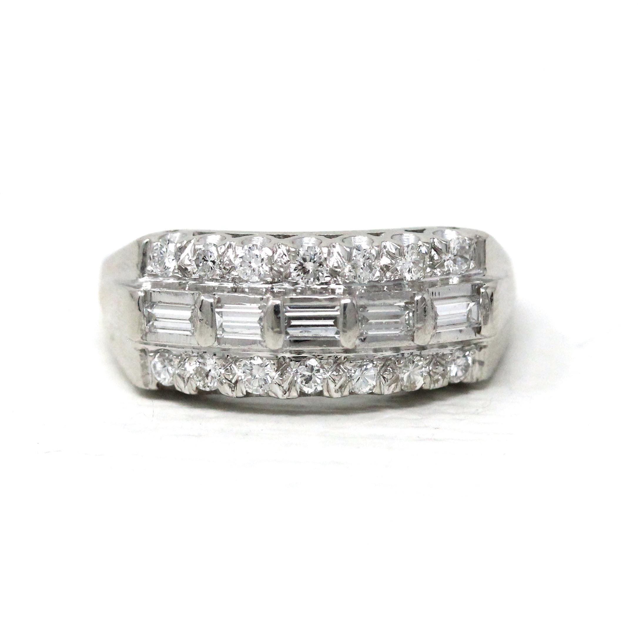 Platinum Diamond Band - Mid Century .65 CTW Natural Round & Baguette Cuts - Circa 1950s Size 6 Fine Wedding Band Qualitative Report Jewelry