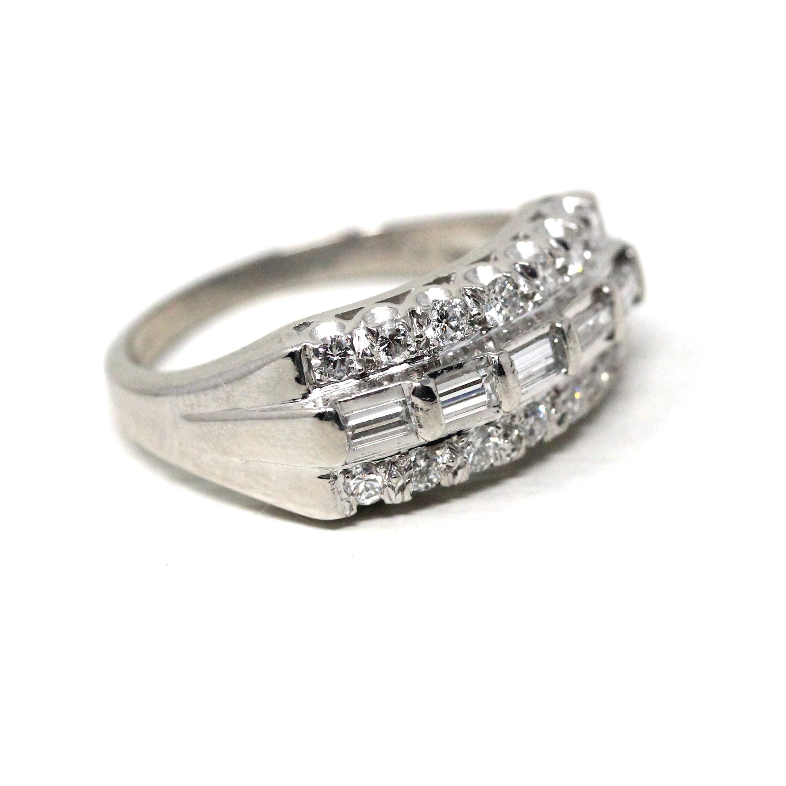 Platinum Diamond Band - Mid Century .65 CTW Natural Round & Baguette Cuts - Circa 1950s Size 6 Fine Wedding Band Qualitative Report Jewelry