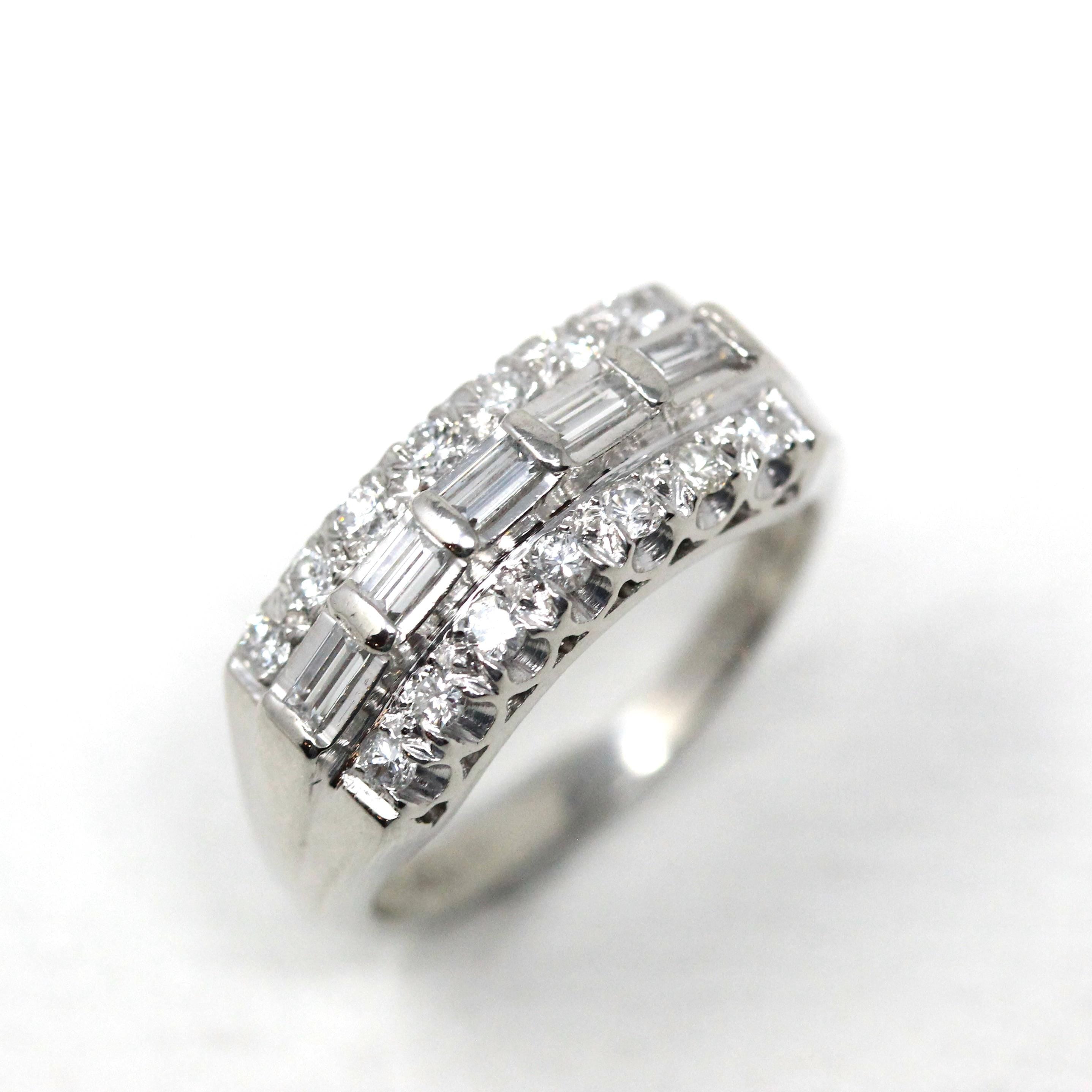Platinum Diamond Band - Mid Century .65 CTW Natural Round & Baguette Cuts - Circa 1950s Size 6 Fine Wedding Band Qualitative Report Jewelry