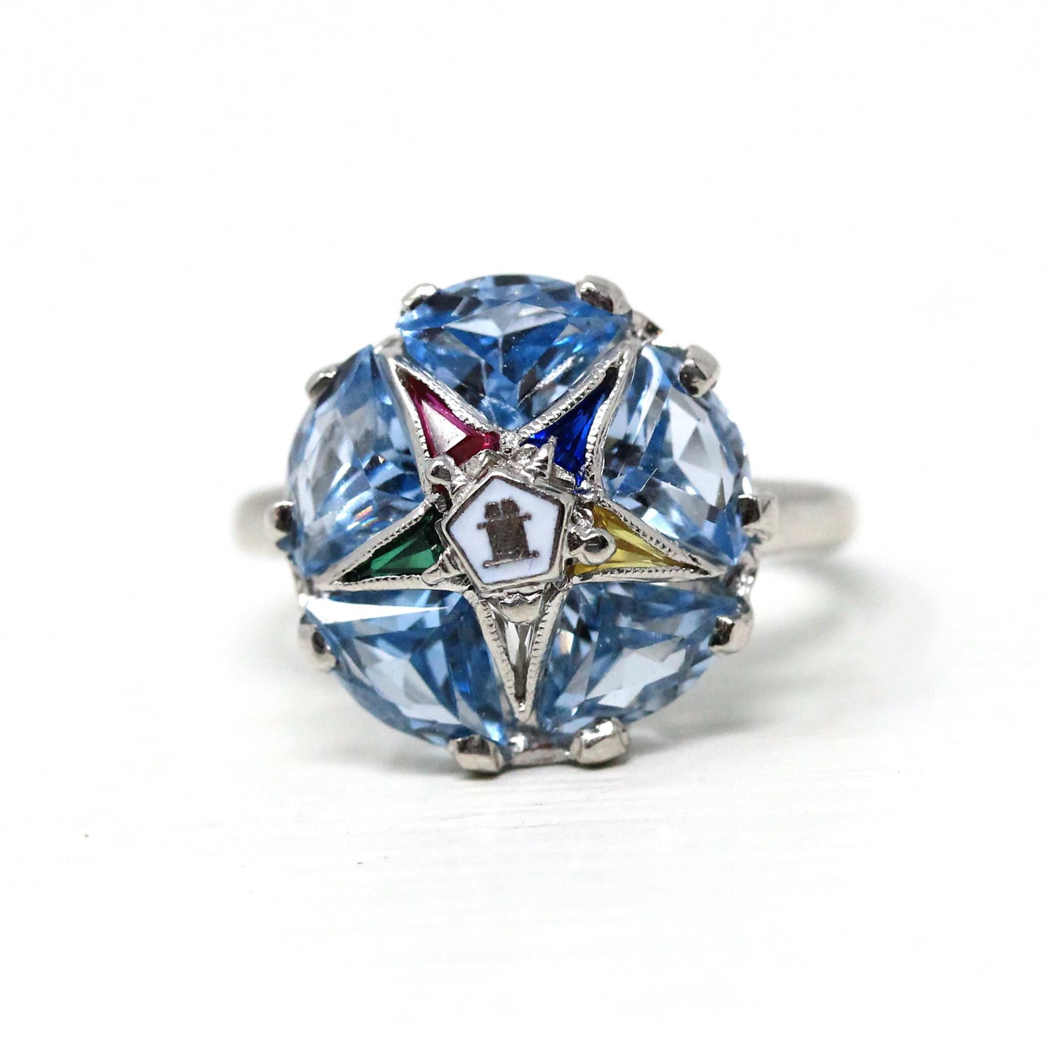 Vintage OES Ring - Mid Century 10k White Gold Created Spinel & Sapphire Statement - Circa 1950s Size 3 1/2 Order Of The Eastern Star Jewelry