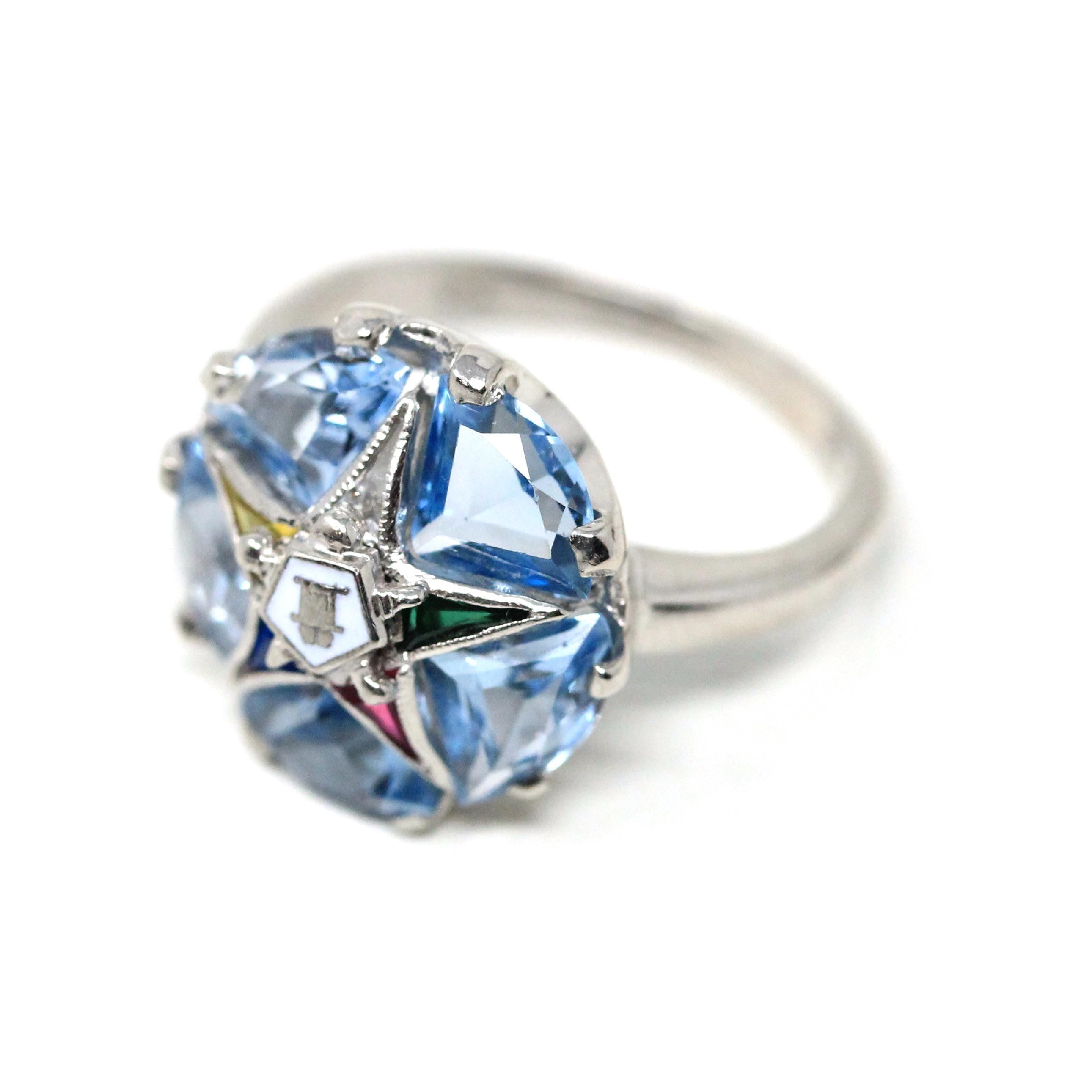 Vintage OES Ring - Mid Century 10k White Gold Created Spinel & Sapphire Statement - Circa 1950s Size 3 1/2 Order Of The Eastern Star Jewelry