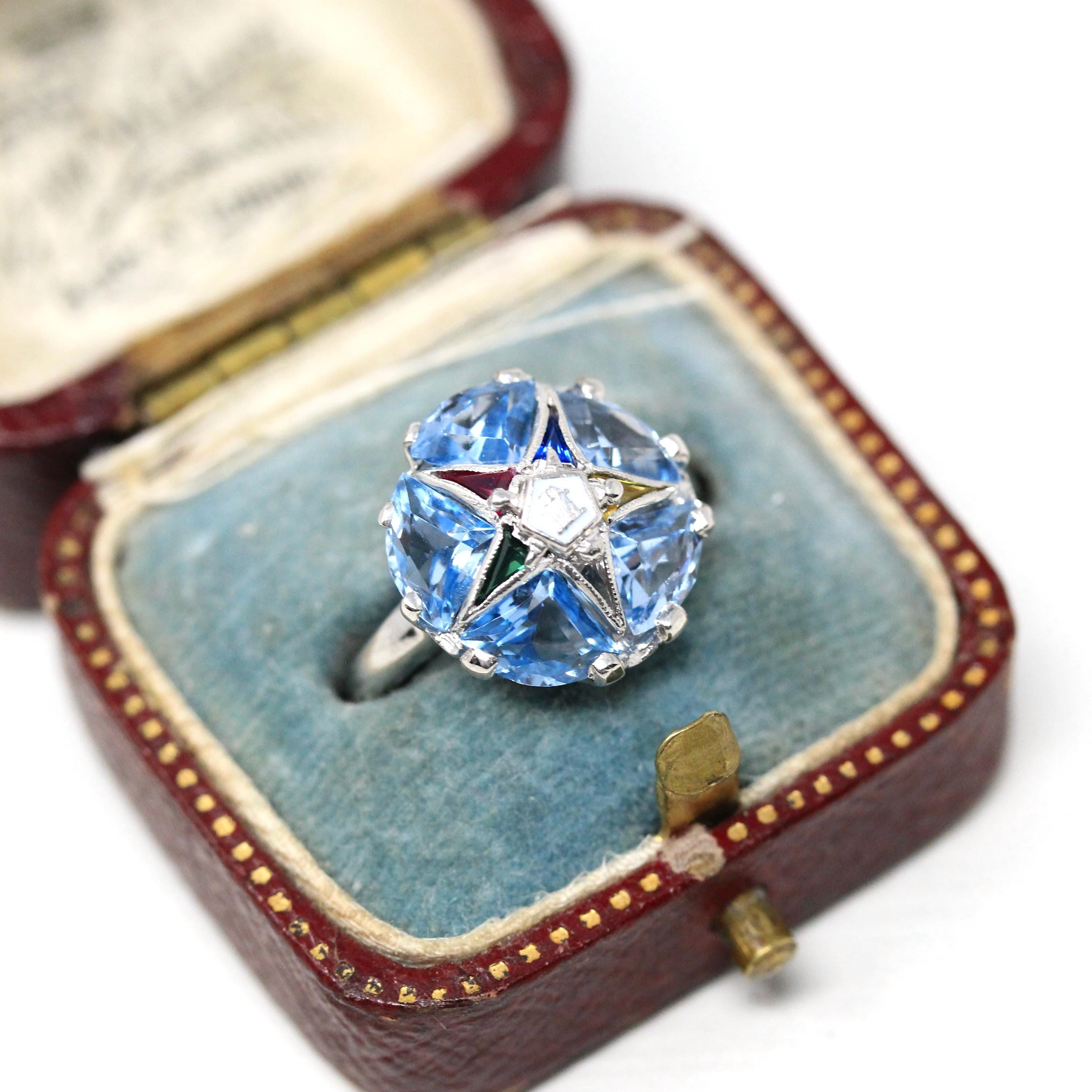 Vintage OES Ring - Mid Century 10k White Gold Created Spinel & Sapphire Statement - Circa 1950s Size 3 1/2 Order Of The Eastern Star Jewelry