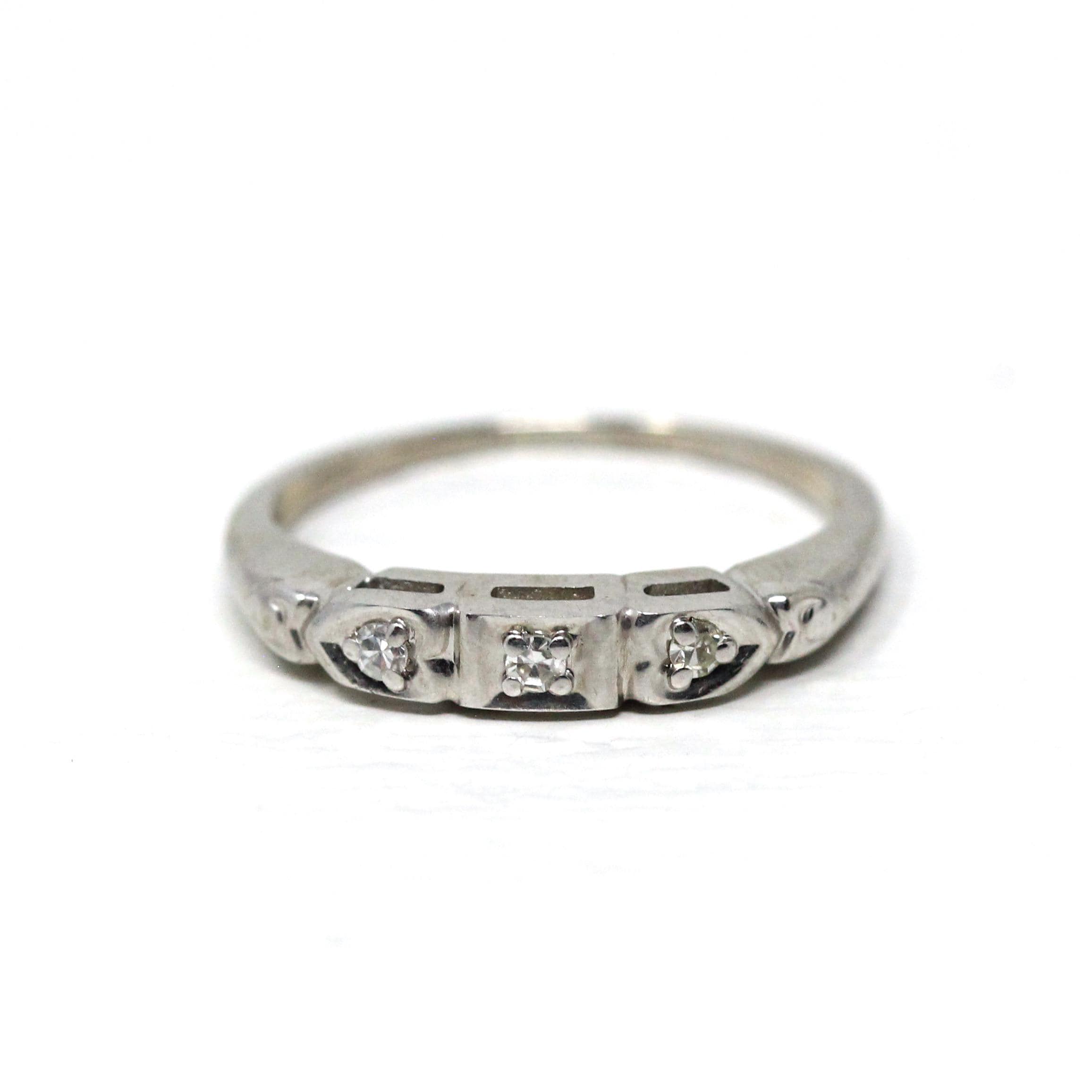 Retro Diamond Band - Vintage 14k White Gold Natural .06 CTW Gemstone Ring - Circa 1950s Size 5 1/4 Fine Mid Century Wedding Bridal Jewelry