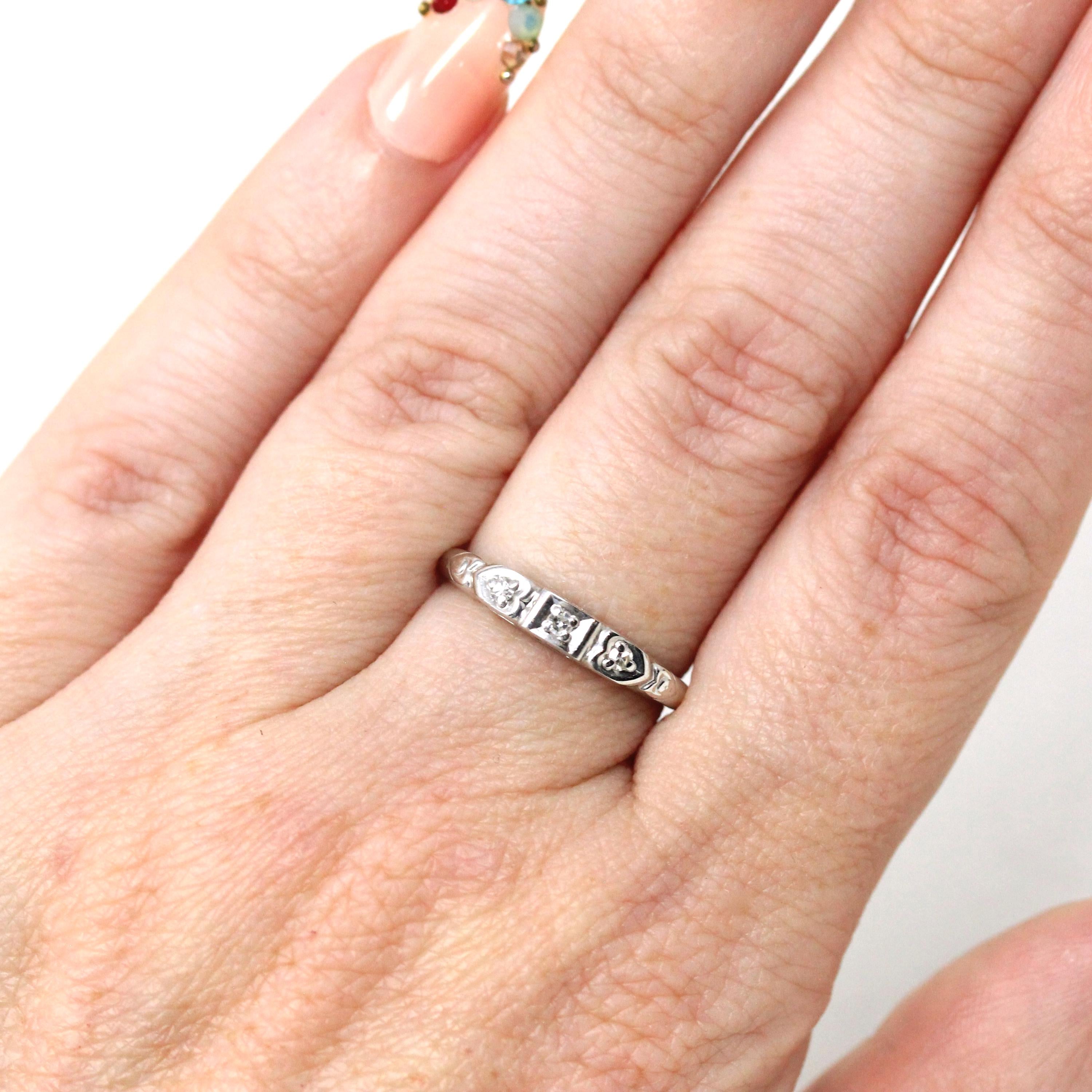 Retro Diamond Band - Vintage 14k White Gold Natural .06 CTW Gemstone Ring - Circa 1950s Size 5 1/4 Fine Mid Century Wedding Bridal Jewelry