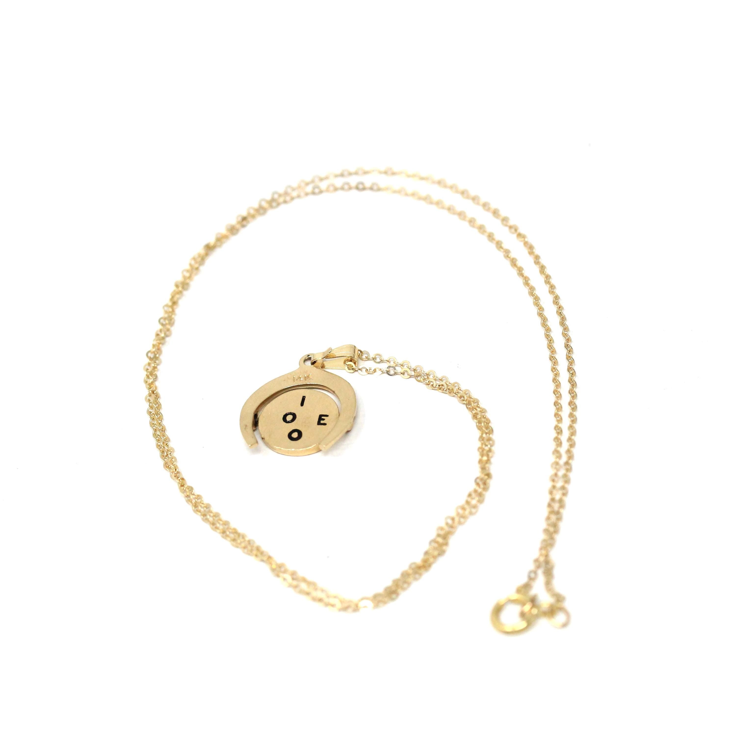 Spinner Charm Necklace - Vintage 14k Yellow Gold Enamel "I LOVE YOU" Round Horseshoe Pendant - Retro Circa 1970s Moving Disc Fine Jewelry