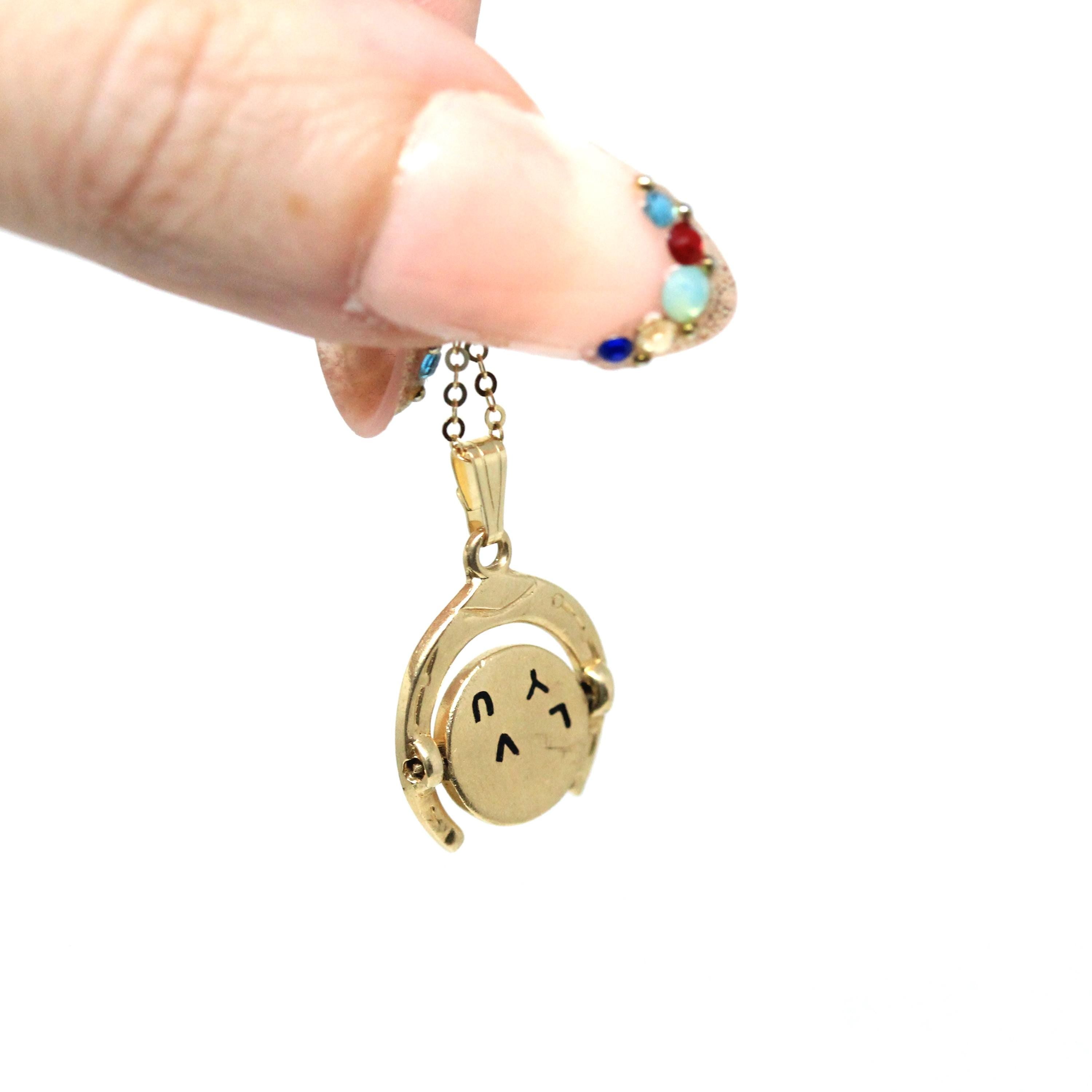 Spinner Charm Necklace - Vintage 14k Yellow Gold Enamel "I LOVE YOU" Round Horseshoe Pendant - Retro Circa 1970s Moving Disc Fine Jewelry