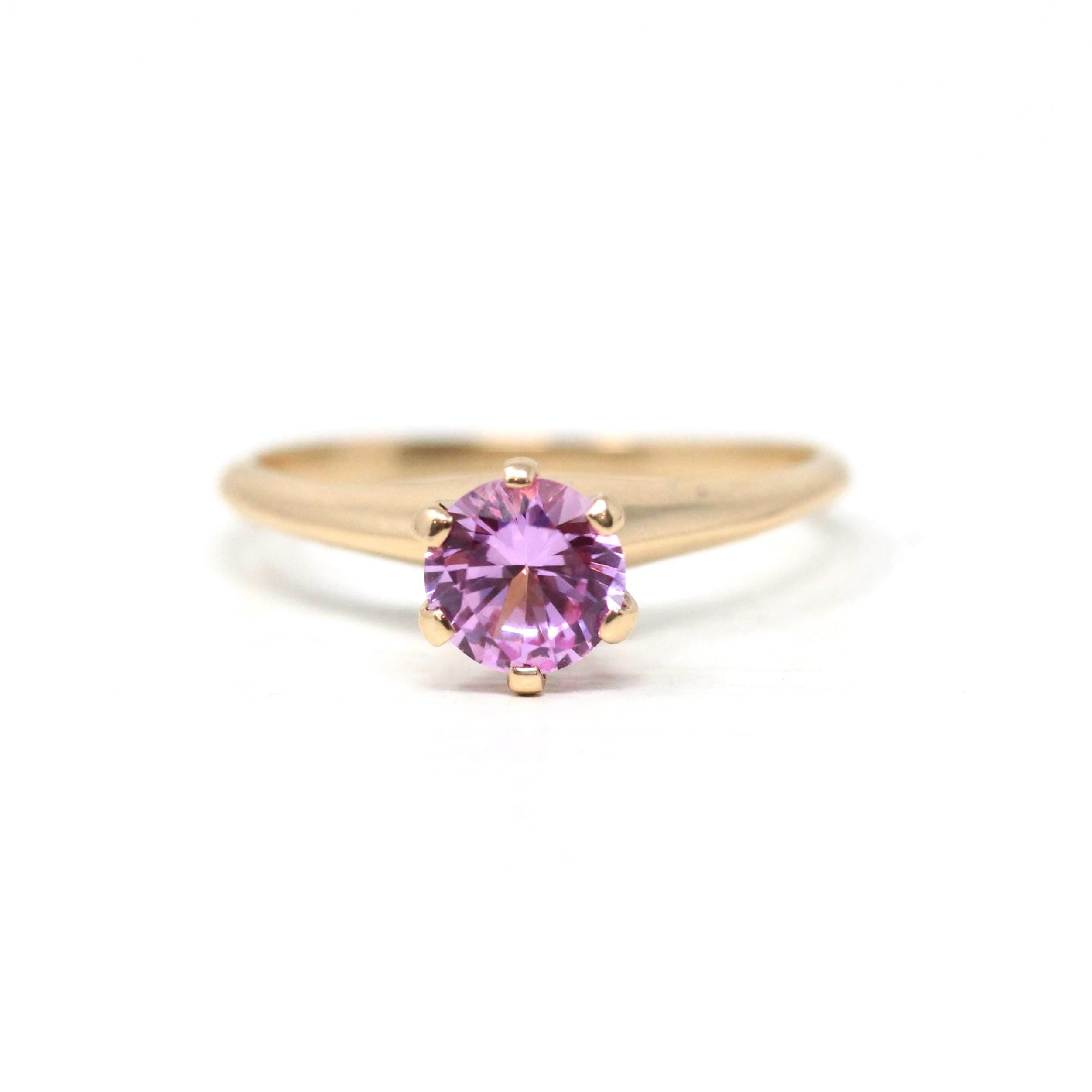 Created Pink Sapphire Ring - Retro 10k Yellow Gold Round Faceted Stone - Vintage Circa 1960s Era Size 6 1/2 Solitaire Style Fine 60s Jewelry