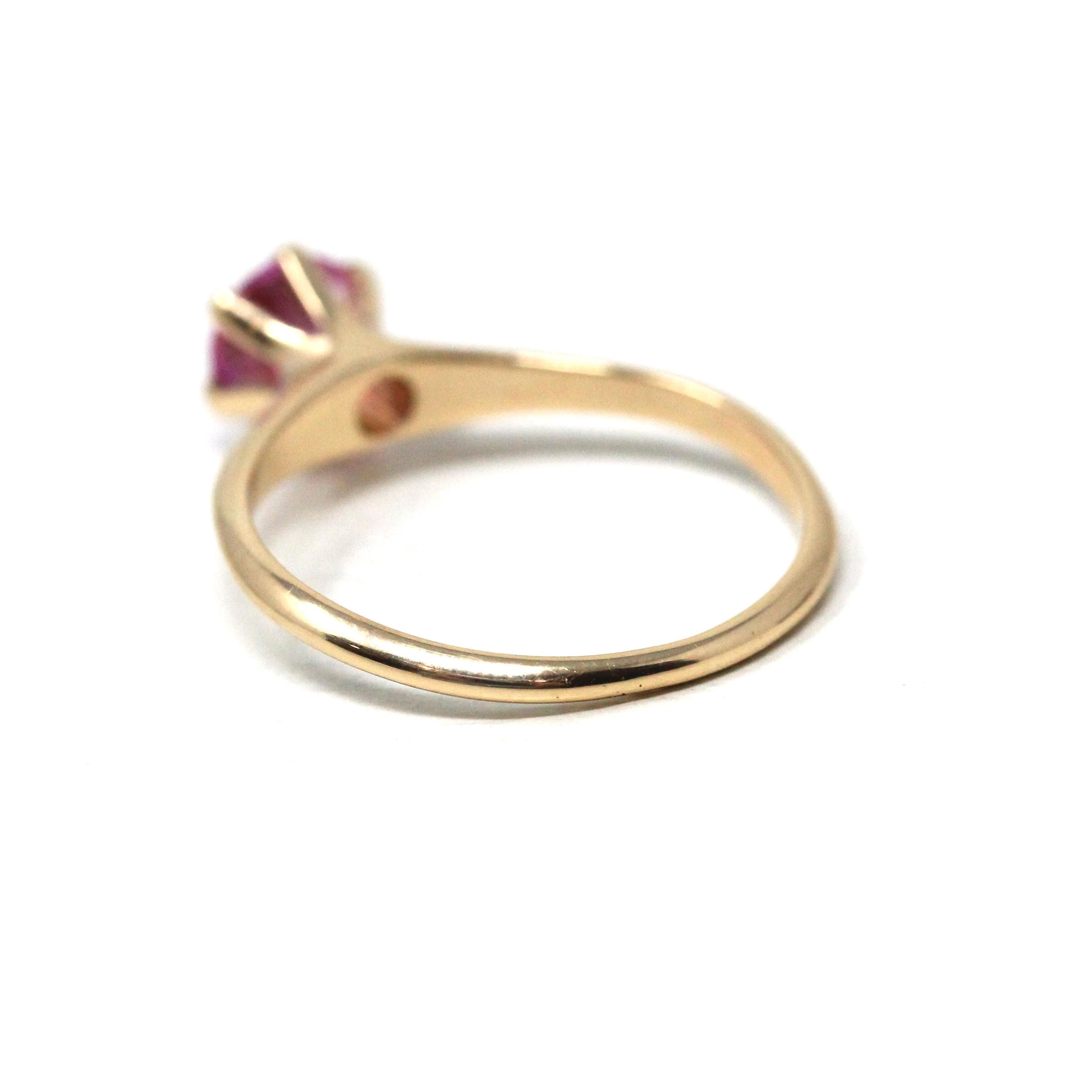 Created Pink Sapphire Ring - Retro 10k Yellow Gold Round Faceted Stone - Vintage Circa 1960s Era Size 6 1/2 Solitaire Style Fine 60s Jewelry