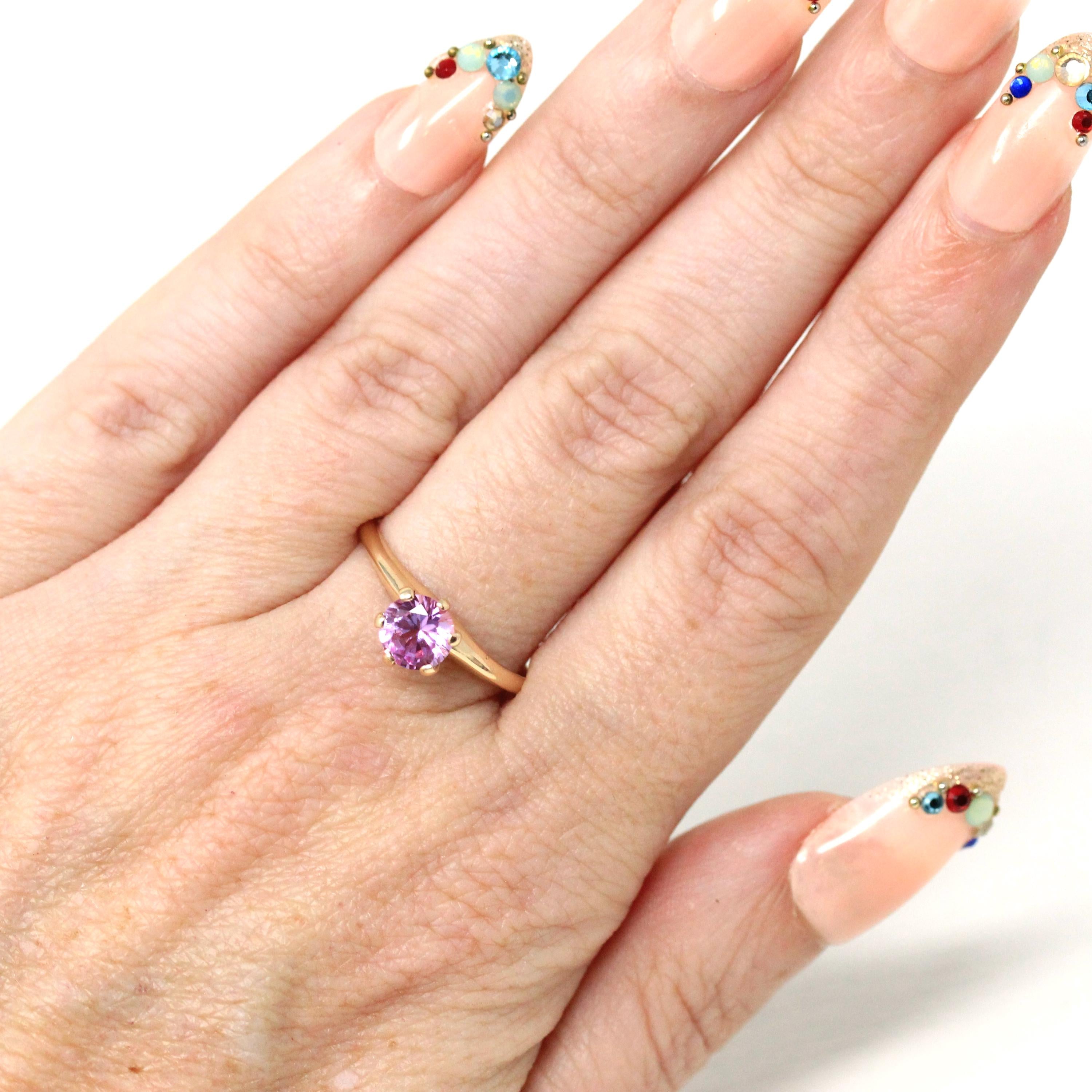 Created Pink Sapphire Ring - Retro 10k Yellow Gold Round Faceted Stone - Vintage Circa 1960s Era Size 6 1/2 Solitaire Style Fine 60s Jewelry