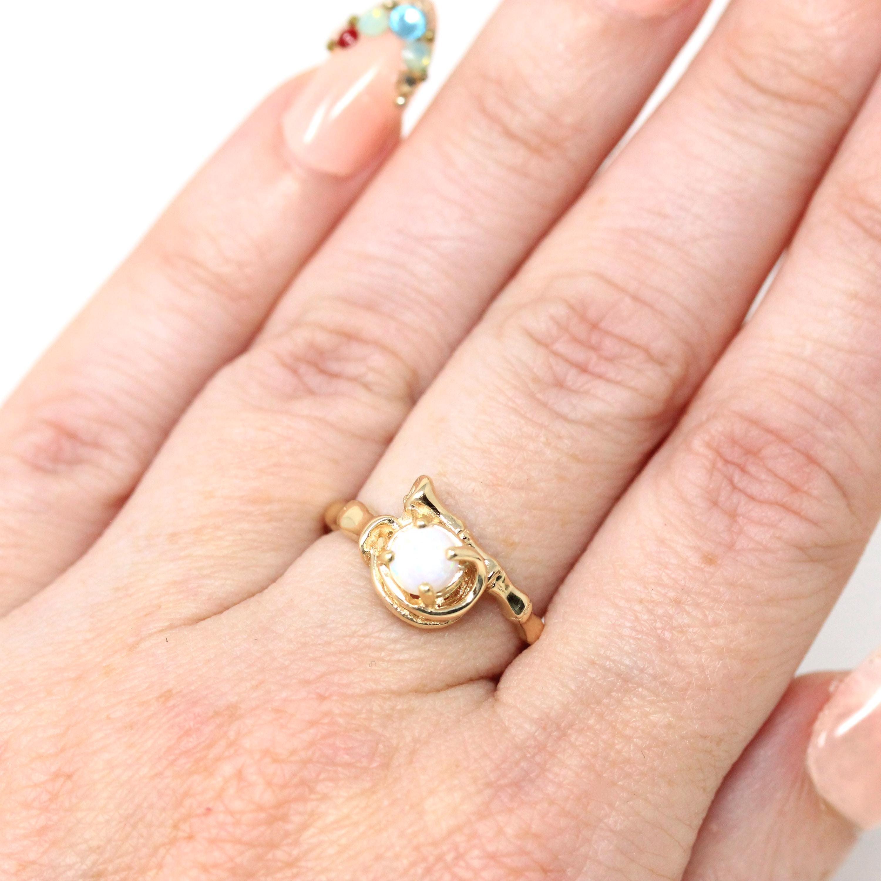 Natural Opal Ring - Modern 14k Yellow Gold Cabochon Cut .22 CT Gemstone - Estate Circa 1990s Era Size 5 3/4 October Birthstone Fine Jewelry