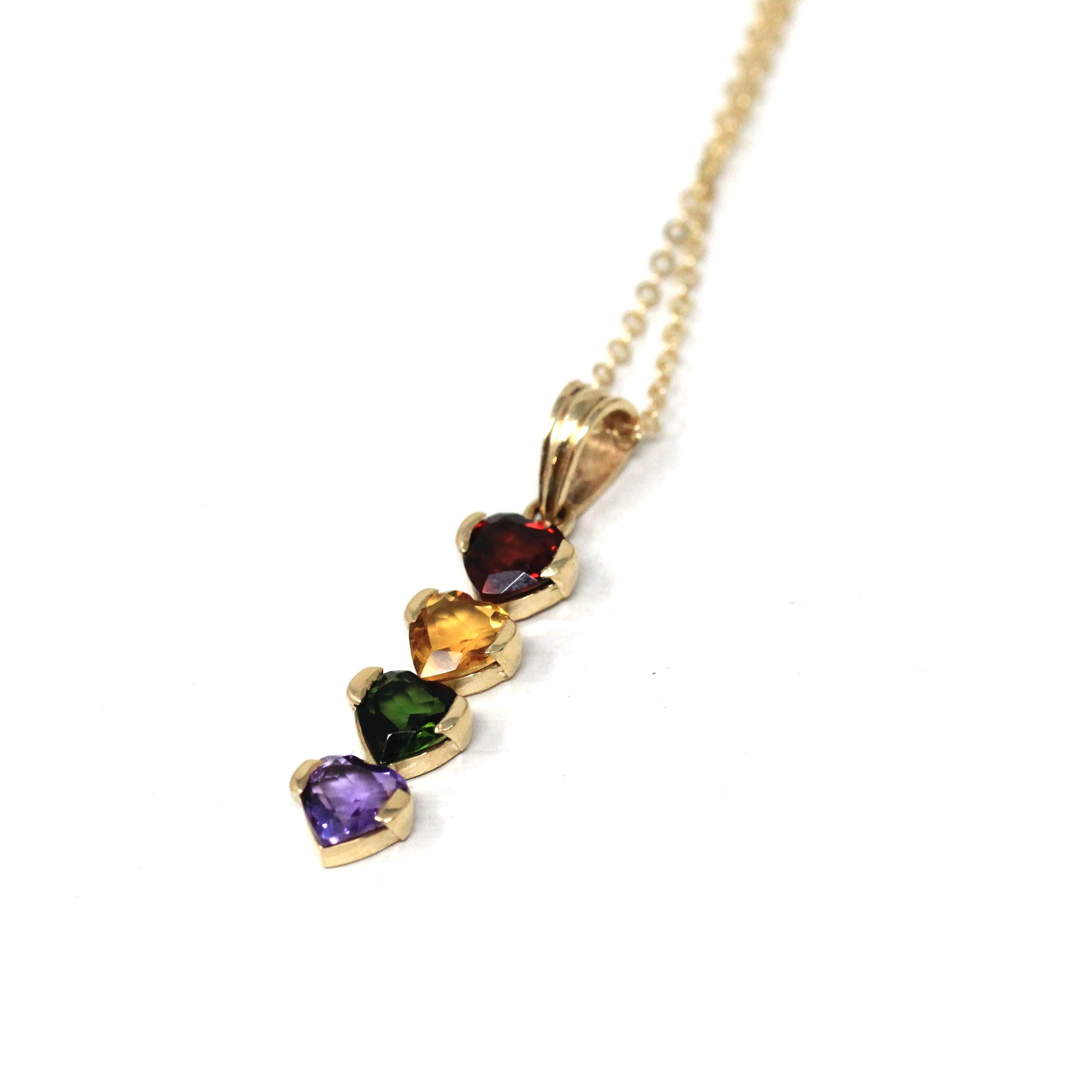 Gemstone Hearts Necklace - Estate 14k Yellow Gold Rainbow Birthstones - Circa 2000's Era Garnet Citrine Tourmaline Amethyst Fine Y2K Jewelry