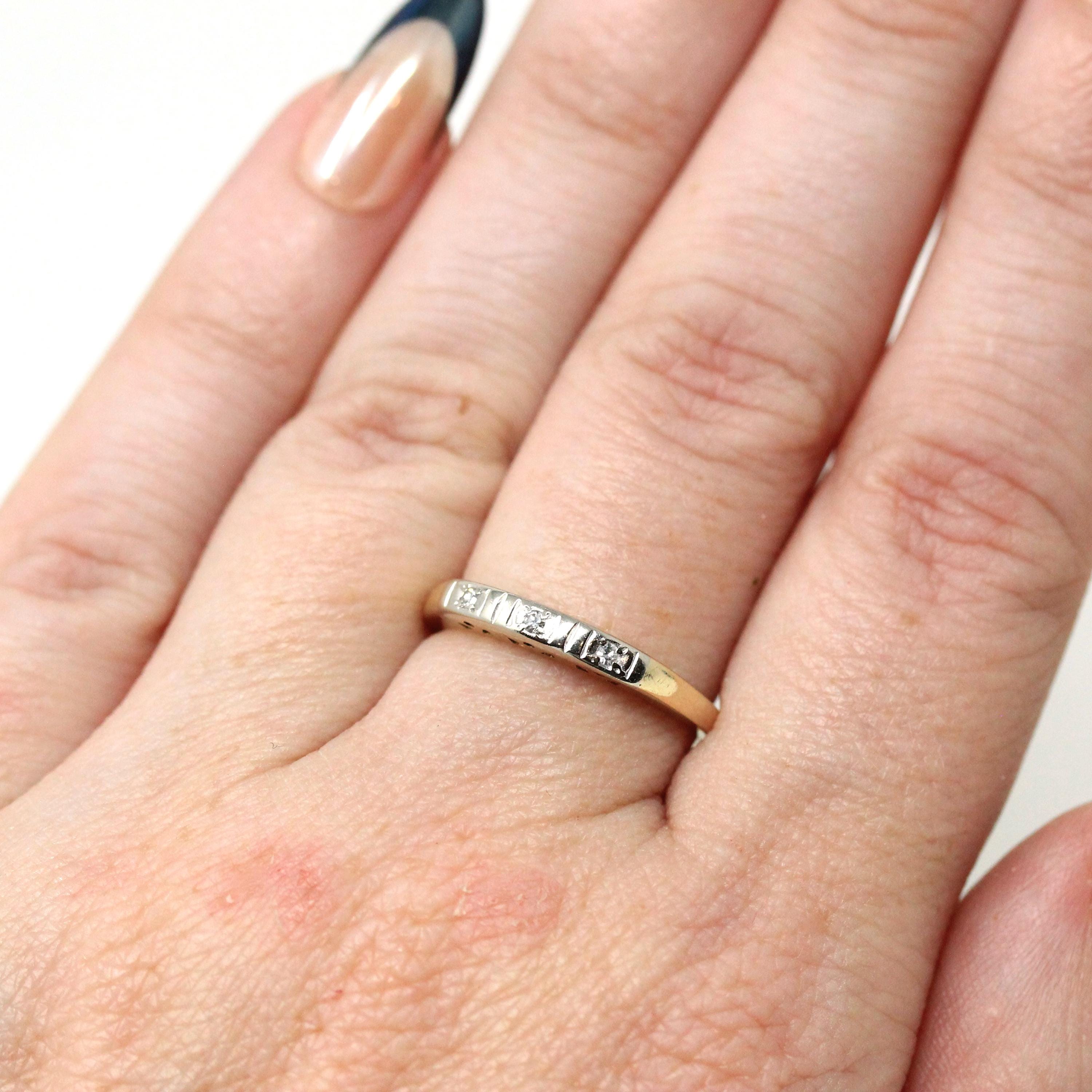 Vintage Wedding Band - Retro Era 14k Yellow & White Gold Natural .03 CTW Diamonds - Circa 1940s Size 5 1/4 Fine Two Tone Bridal Band Jewelry