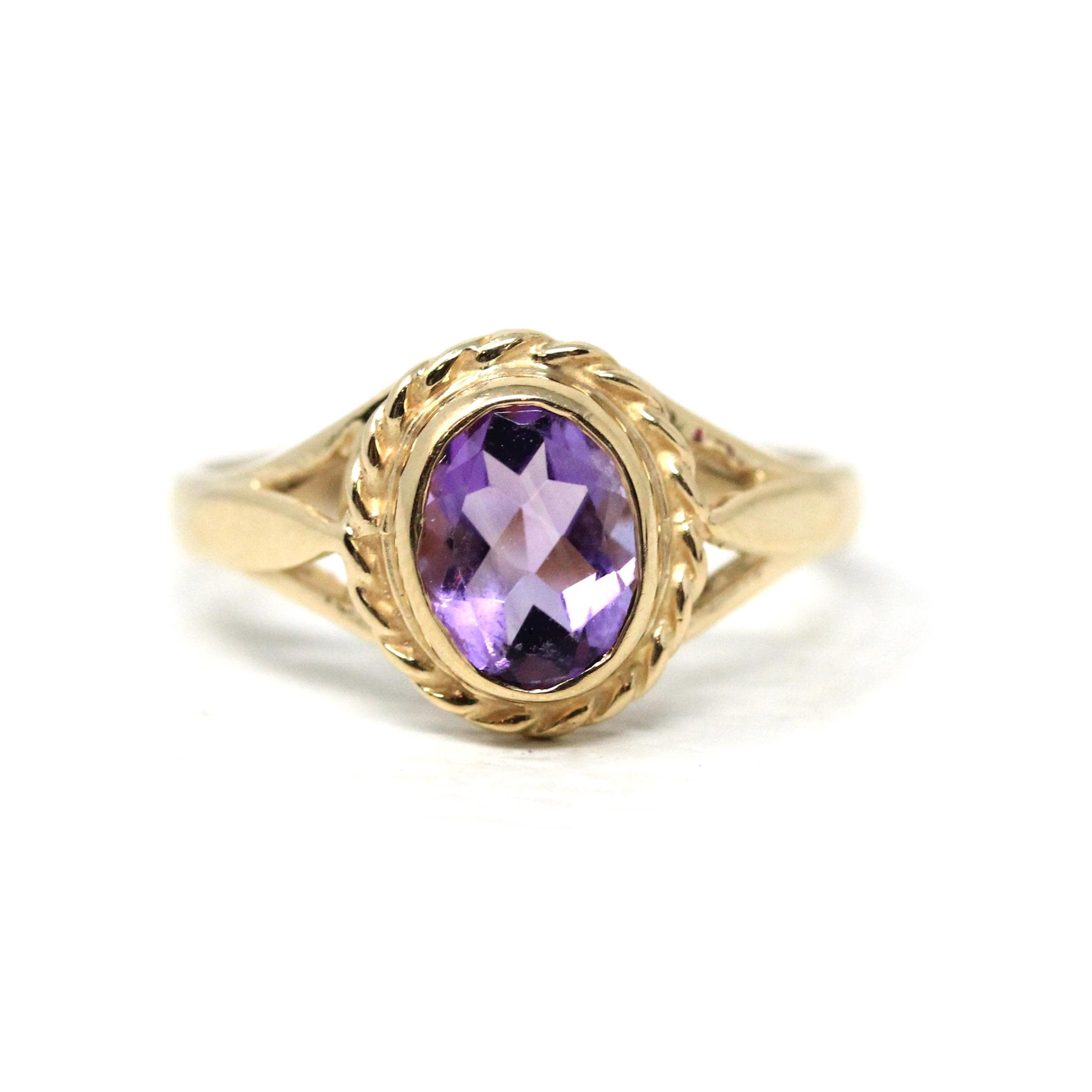 Estate Amethyst Ring - Modern Era 9k Yellow Gold English Oval Purple Natural Gem - Circa 2000s Size 6 1/2 Fine February Birthstone Jewelry