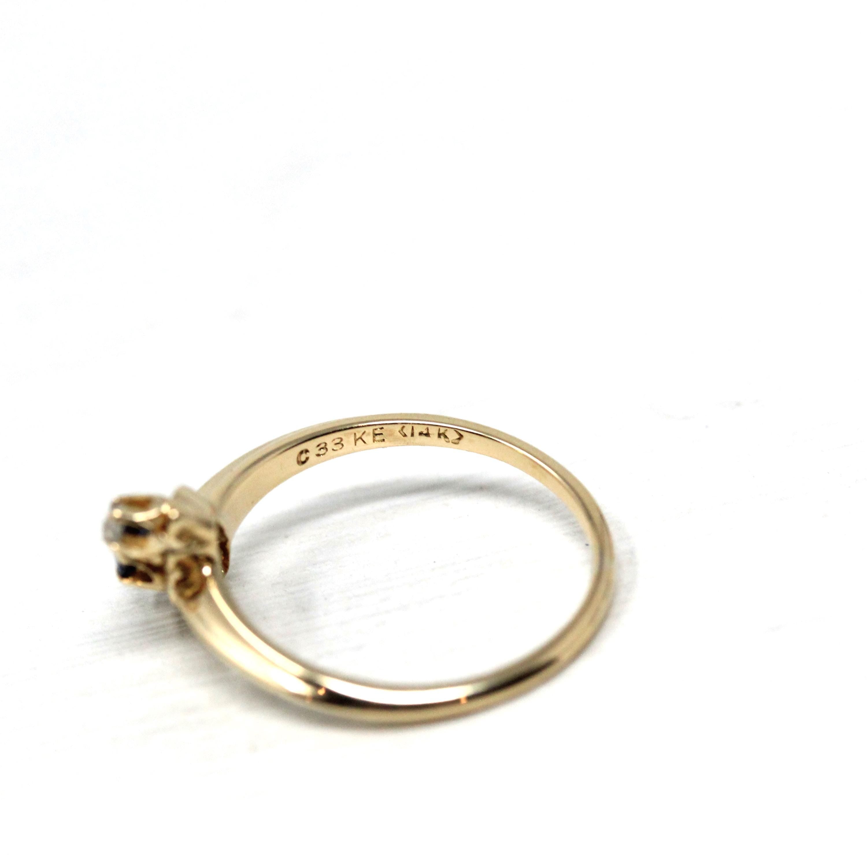 Antique Bypass Ring - Edwardian Era 14k Yellow Gold Natural Rose Cut Diamonds and Blue Sapphire Gemstones - Size 6 Circa 1910s Fine Jewelry