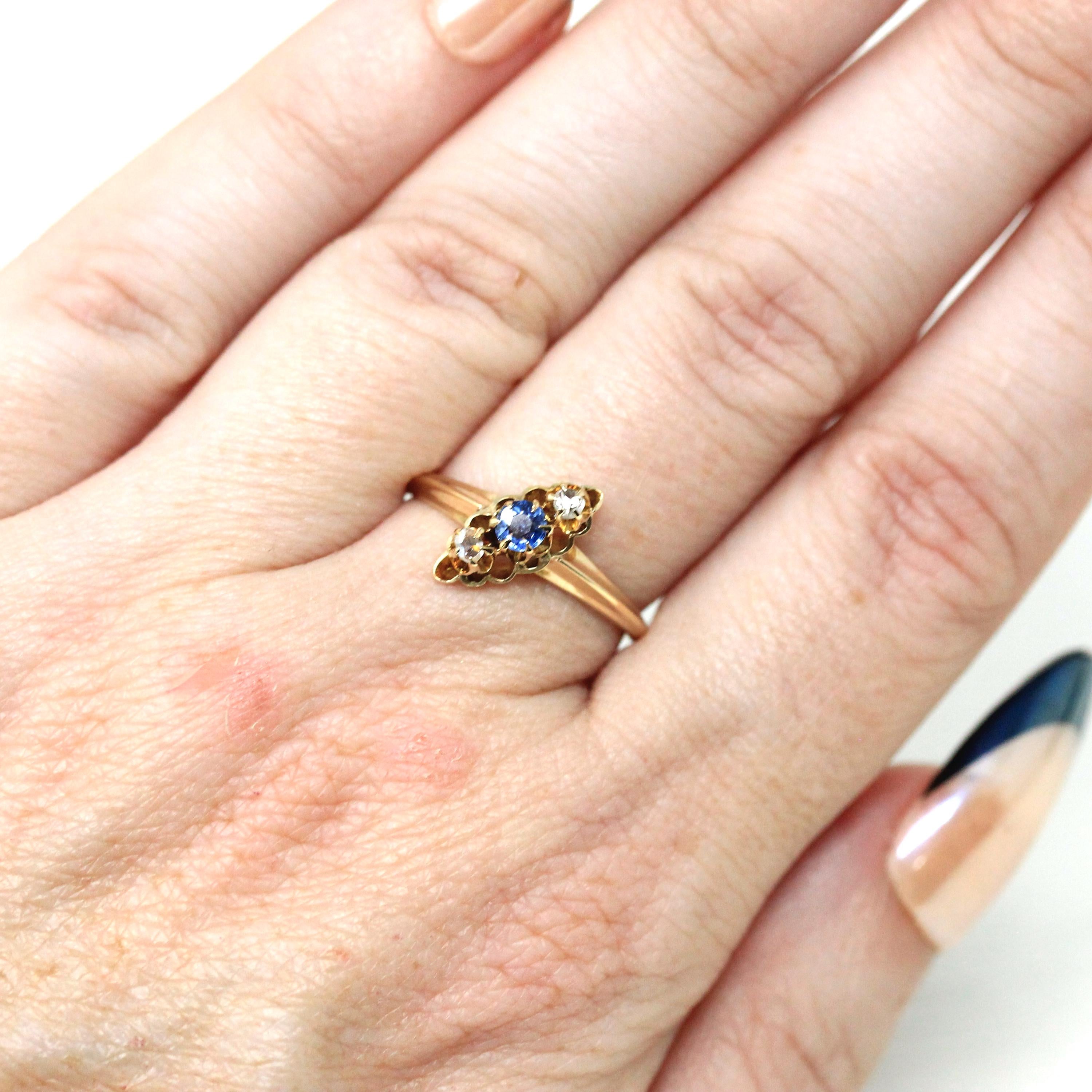 Antique Bypass Ring - Edwardian Era 14k Yellow Gold Natural Rose Cut Diamonds and Blue Sapphire Gemstones - Size 6 Circa 1910s Fine Jewelry