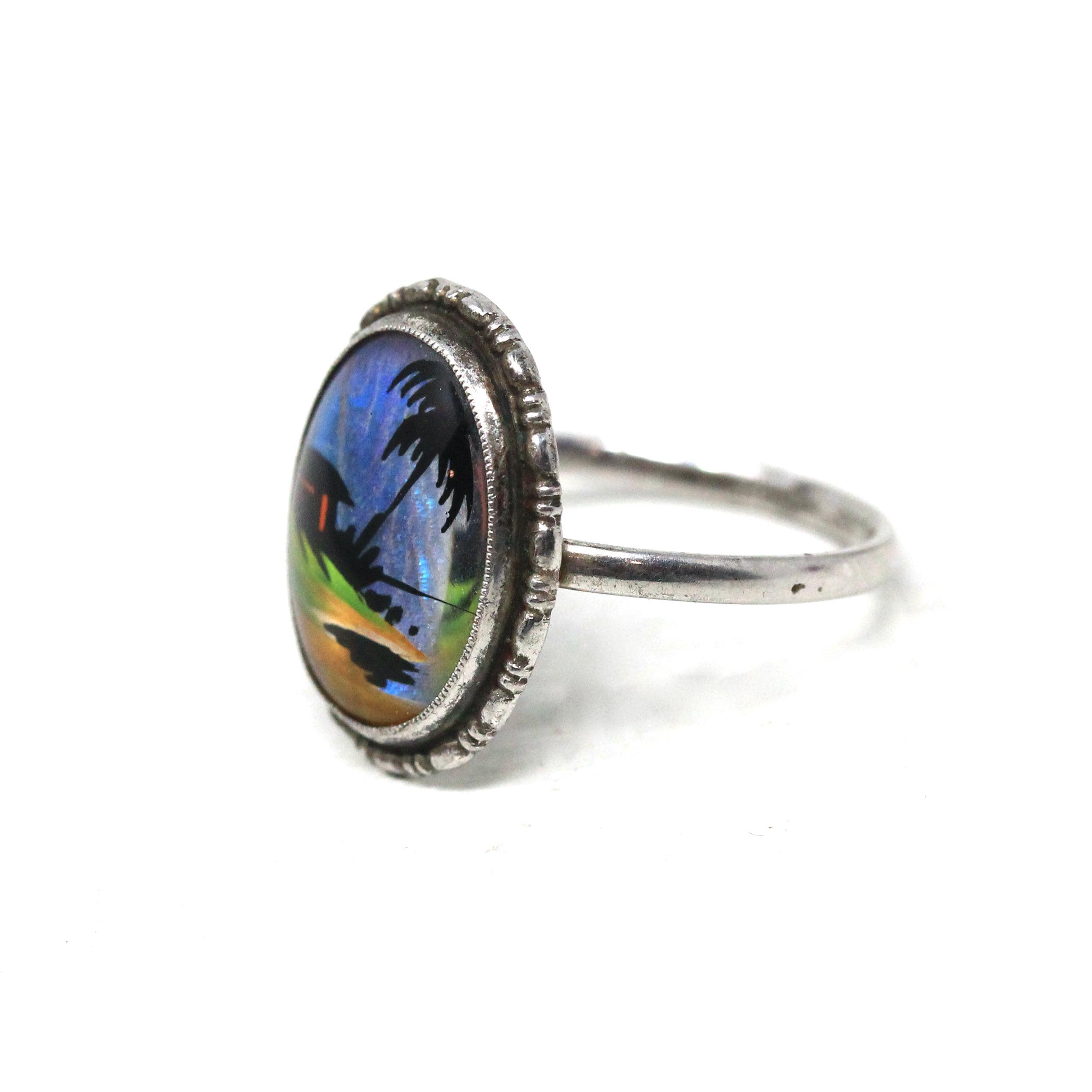 Morpho Butterfly Wing Ring - Vintage English Sterling Silver Blue Wing - Size 9 1/2 Retro Era 1940s Tropical Souvenir London England Jewelry