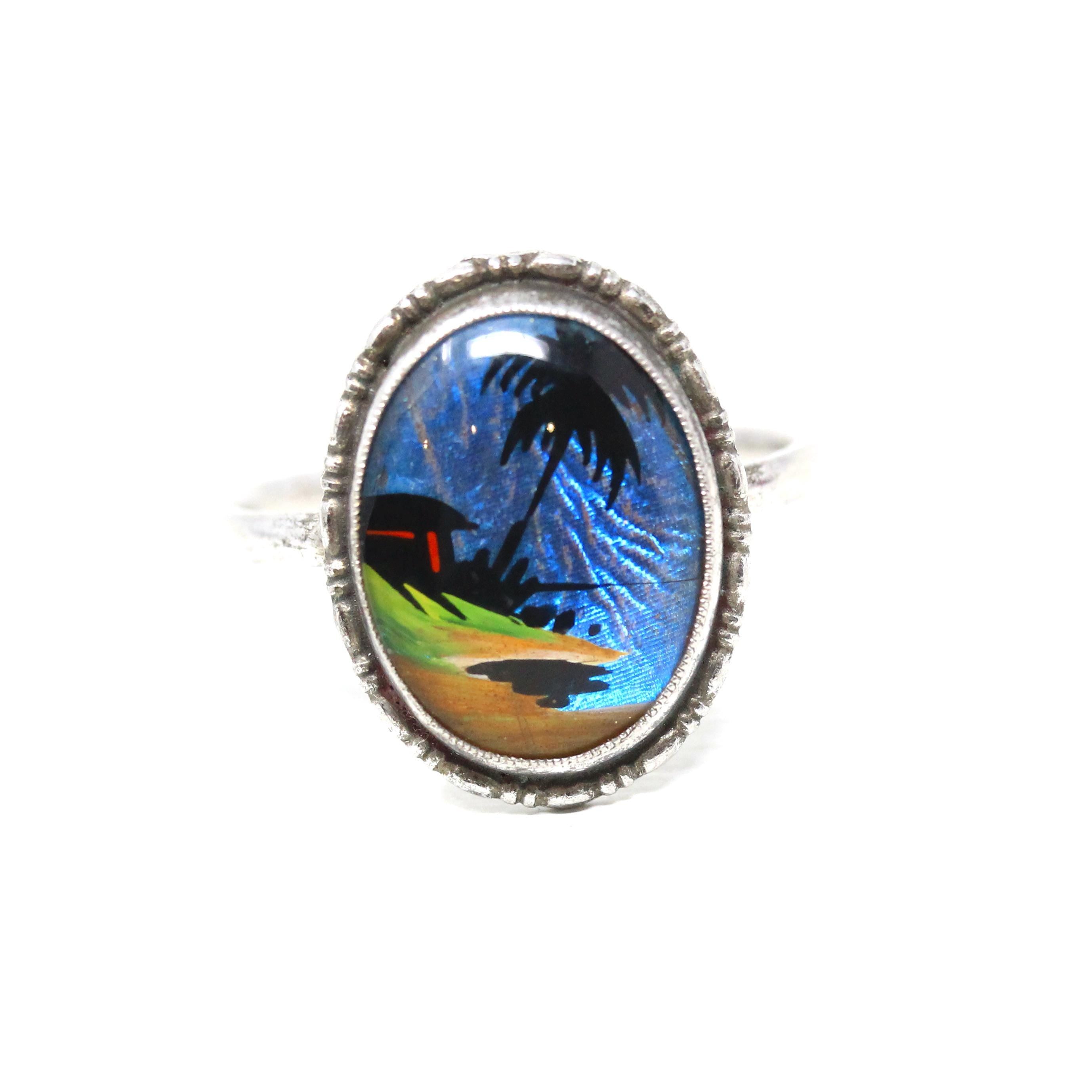 Morpho Butterfly Wing Ring - Vintage English Sterling Silver Blue Wing - Size 9 1/2 Retro Era 1940s Tropical Souvenir London England Jewelry