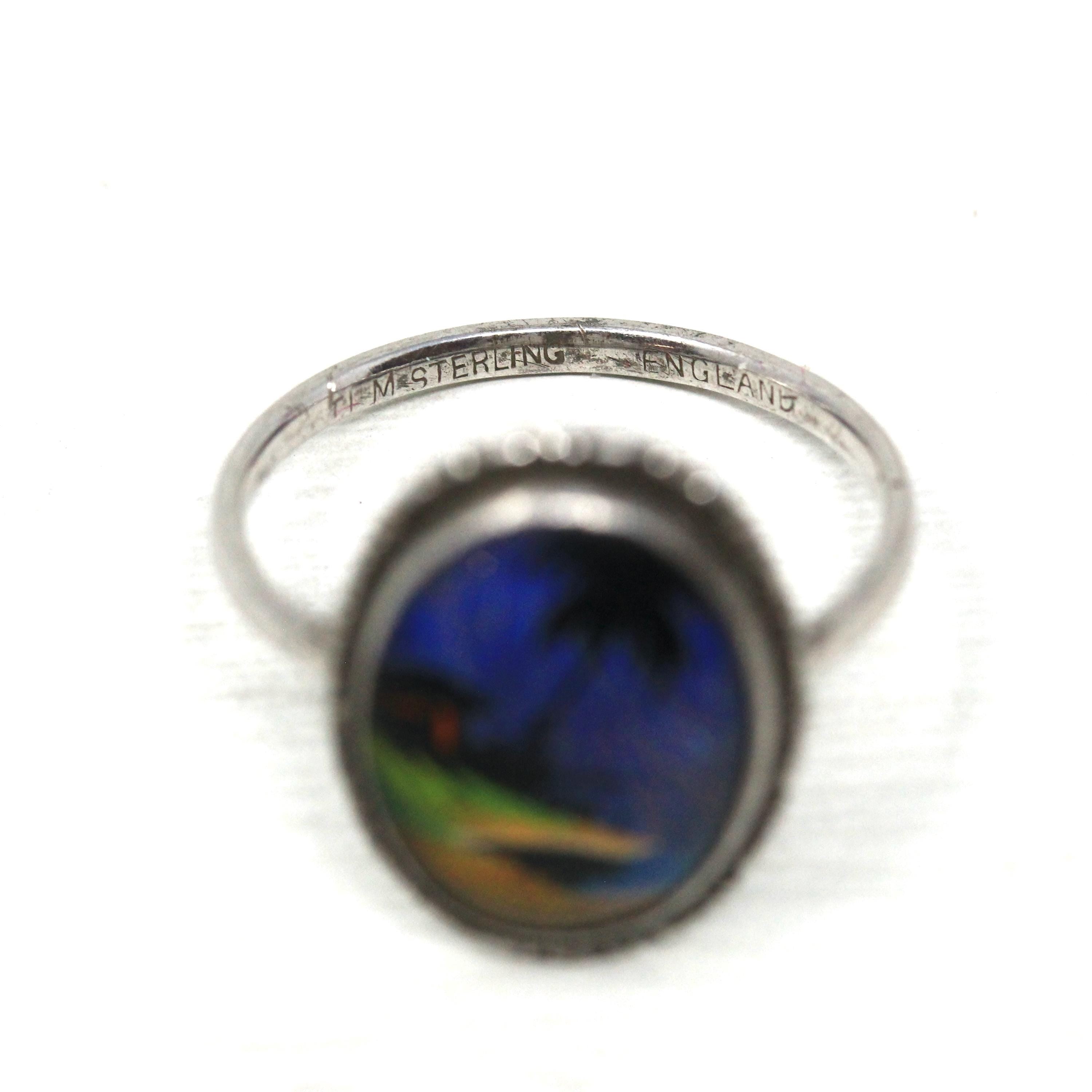 Morpho Butterfly Wing Ring - Vintage English Sterling Silver Blue Wing - Size 9 1/2 Retro Era 1940s Tropical Souvenir London England Jewelry