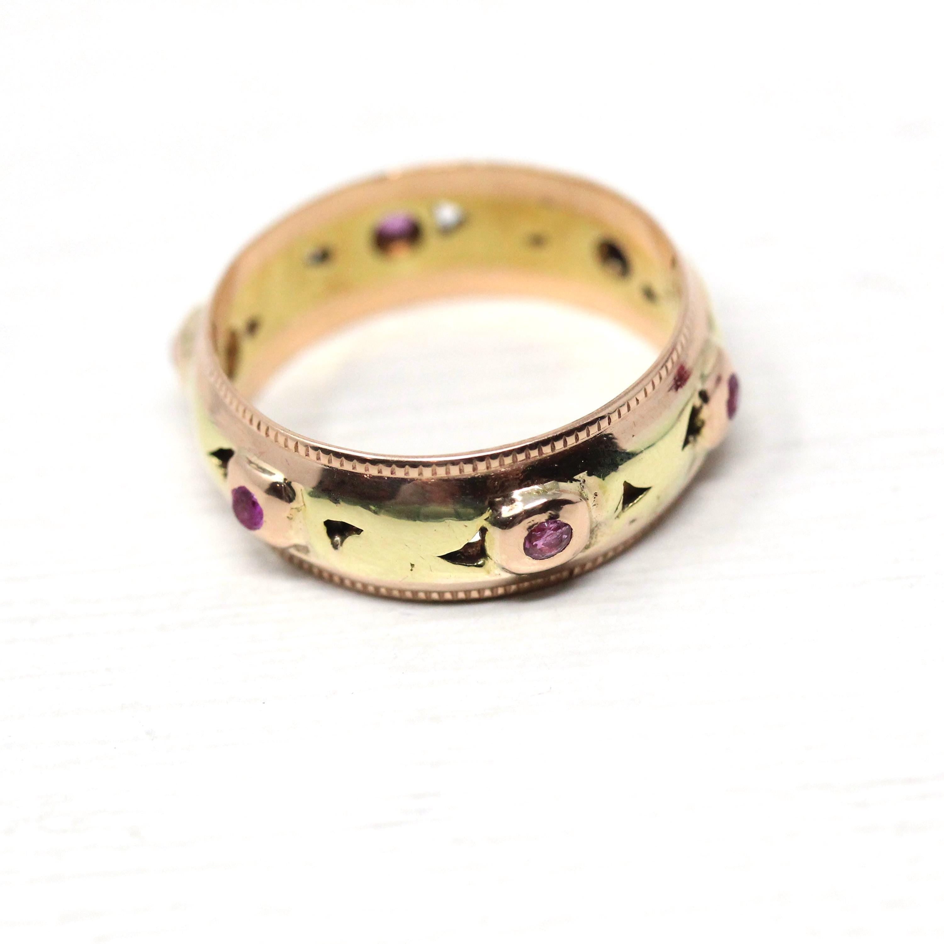 Retro Created Ruby Band - Vintage Yellow & Rose Gold Round Natural Red Corundum Ring - Circa 1960s Cigar Bezel Gem Stacking Fine Jewelry