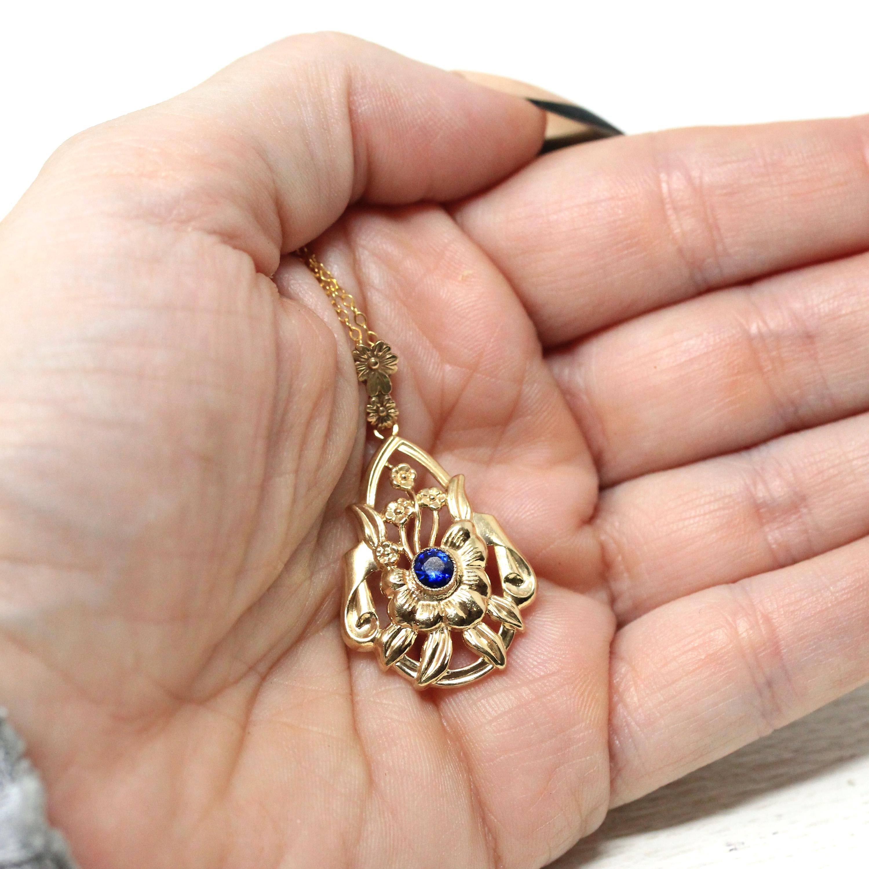 Created Sapphire Pendant - Retro 10k Yellow Gold Round Blue Gem Lavalier Necklace - Circa 1940s Fine September Birthstone Flower Jewelry
