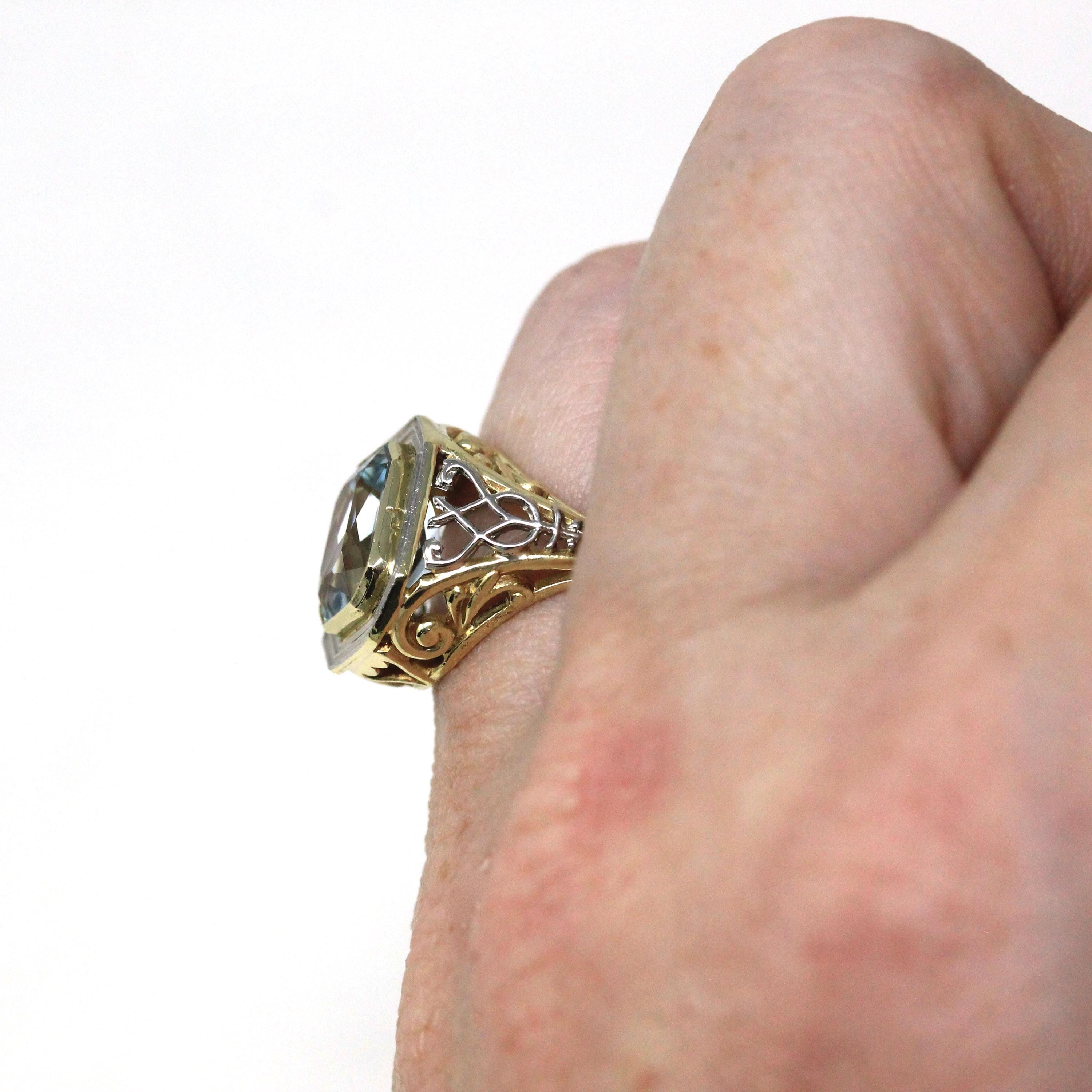 Antique Aquamarine Ring - Art Deco Era 14k Yellow & White Gold Emerald Cut 2.65 CT Blue Gem - Circa 1920s Size 4 Filigree Fine March Jewelry