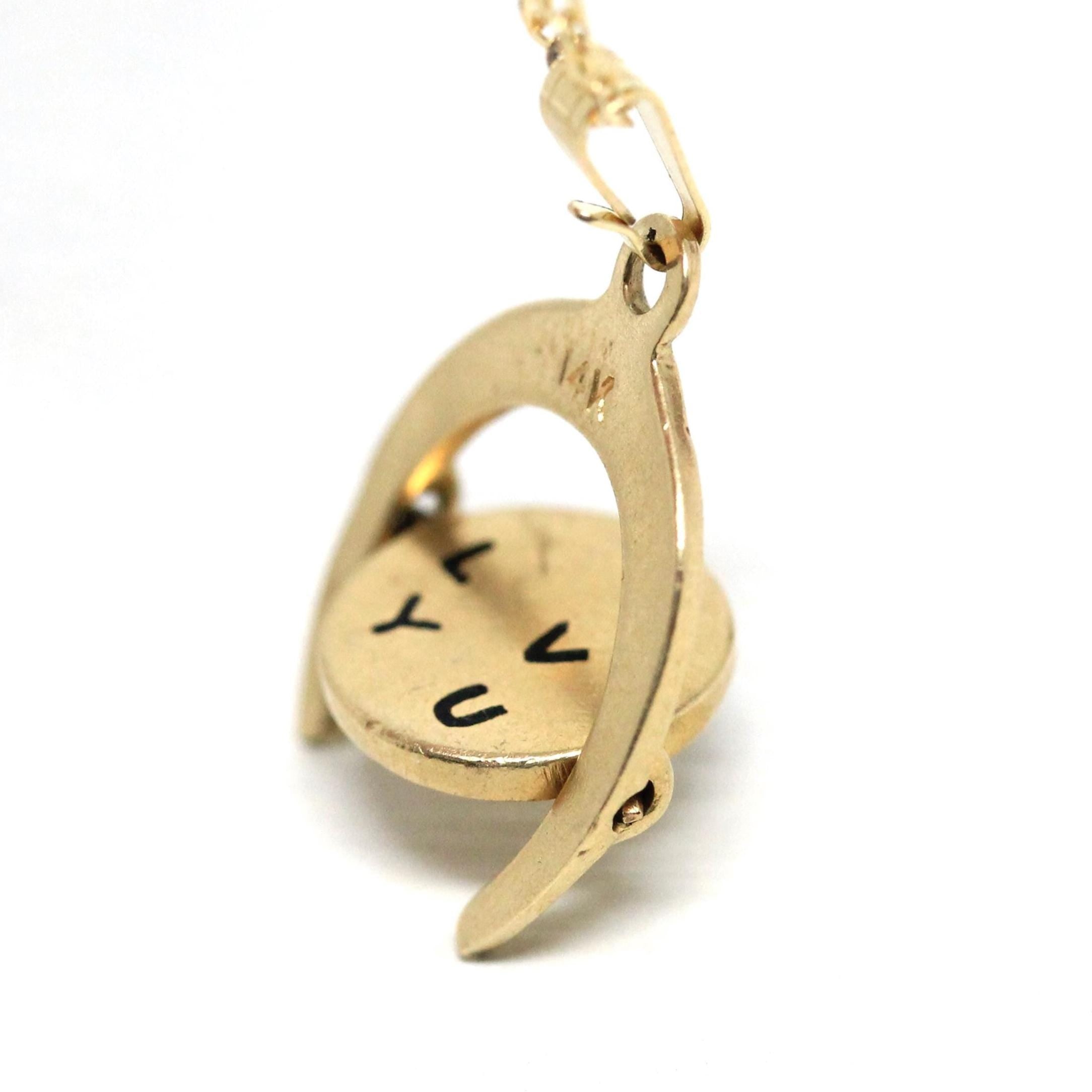 Spinner Charm Necklace - Vintage 14k Yellow Gold Enamel "I LOVE YOU" Round Horseshoe Pendant - Retro Circa 1970s Moving Disc Fine Jewelry