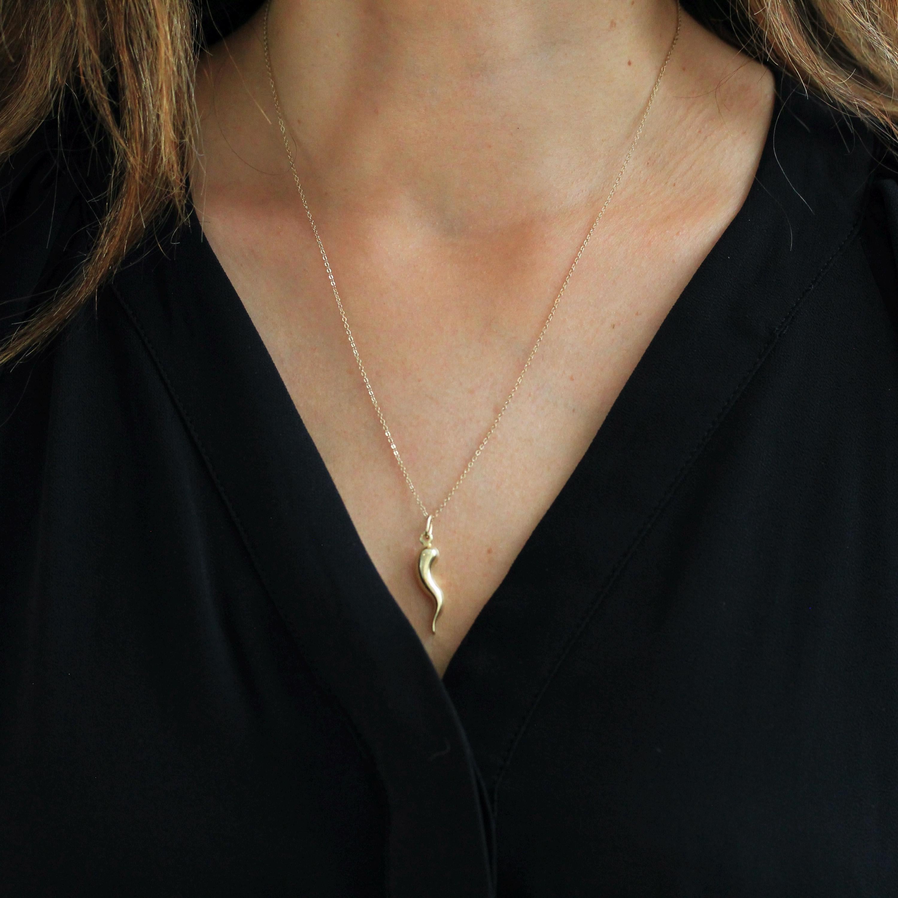 Italian Horn Charm - Retro 14k Yellow Gold Italy Cornicello Good Luck Pendant Necklace - Vintage Circa 1970s Ward Off Evil Amulet Jewelry