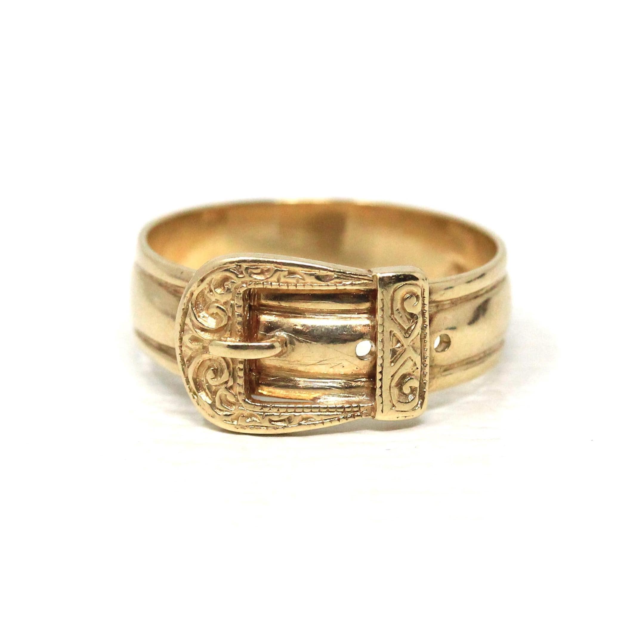English Buckle Ring - Estate 9k Yellow Gold Birmingham England Figural Belt Band - Vintage Hallmarked Victorian Style Size 10 Fine Jewelry
