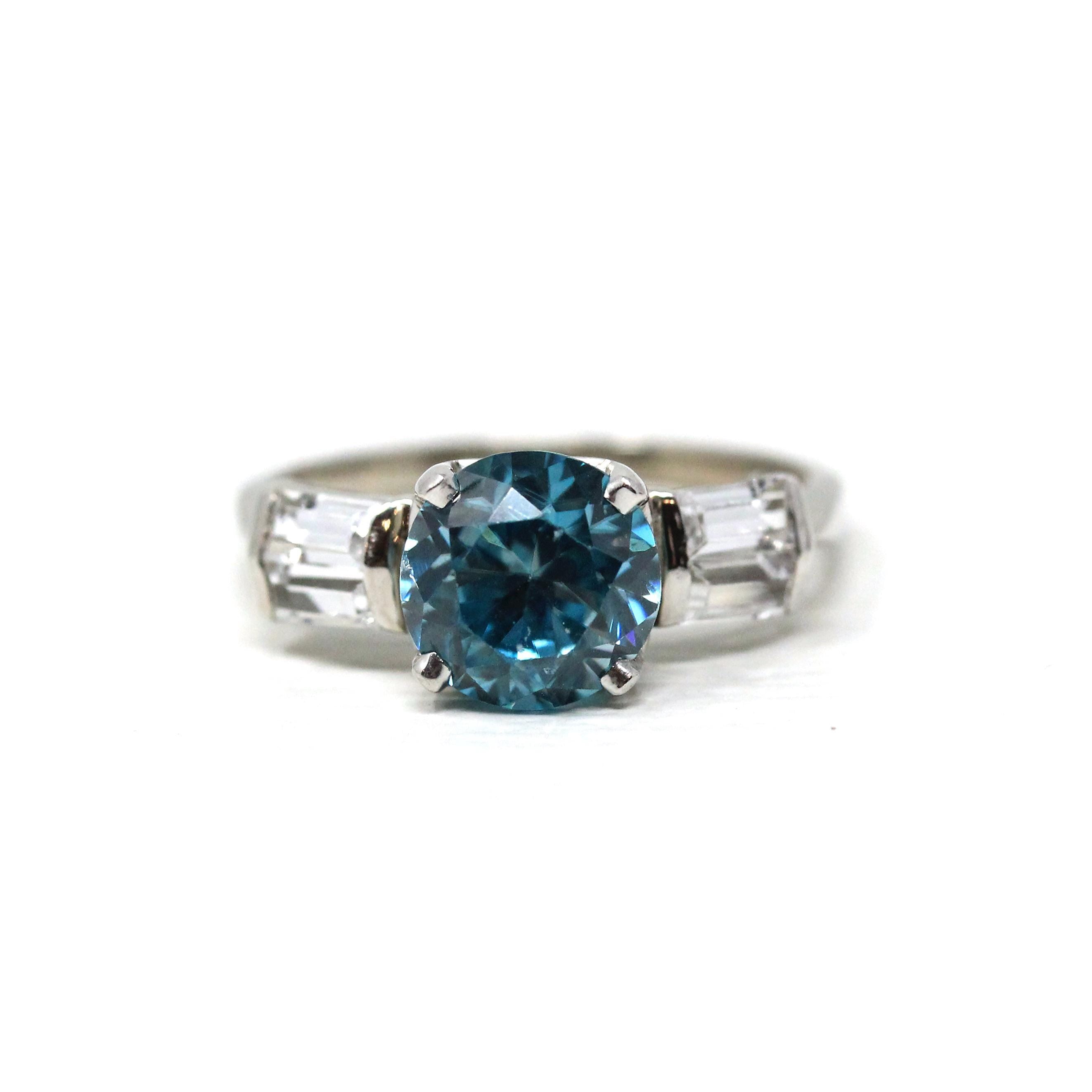 Vintage Blue Zircon Ring - Mid-century 14k White Gold Created White Spinel Gems - Circa 1950s Size 6 1/2 Alternative Engagement Fine Jewelry