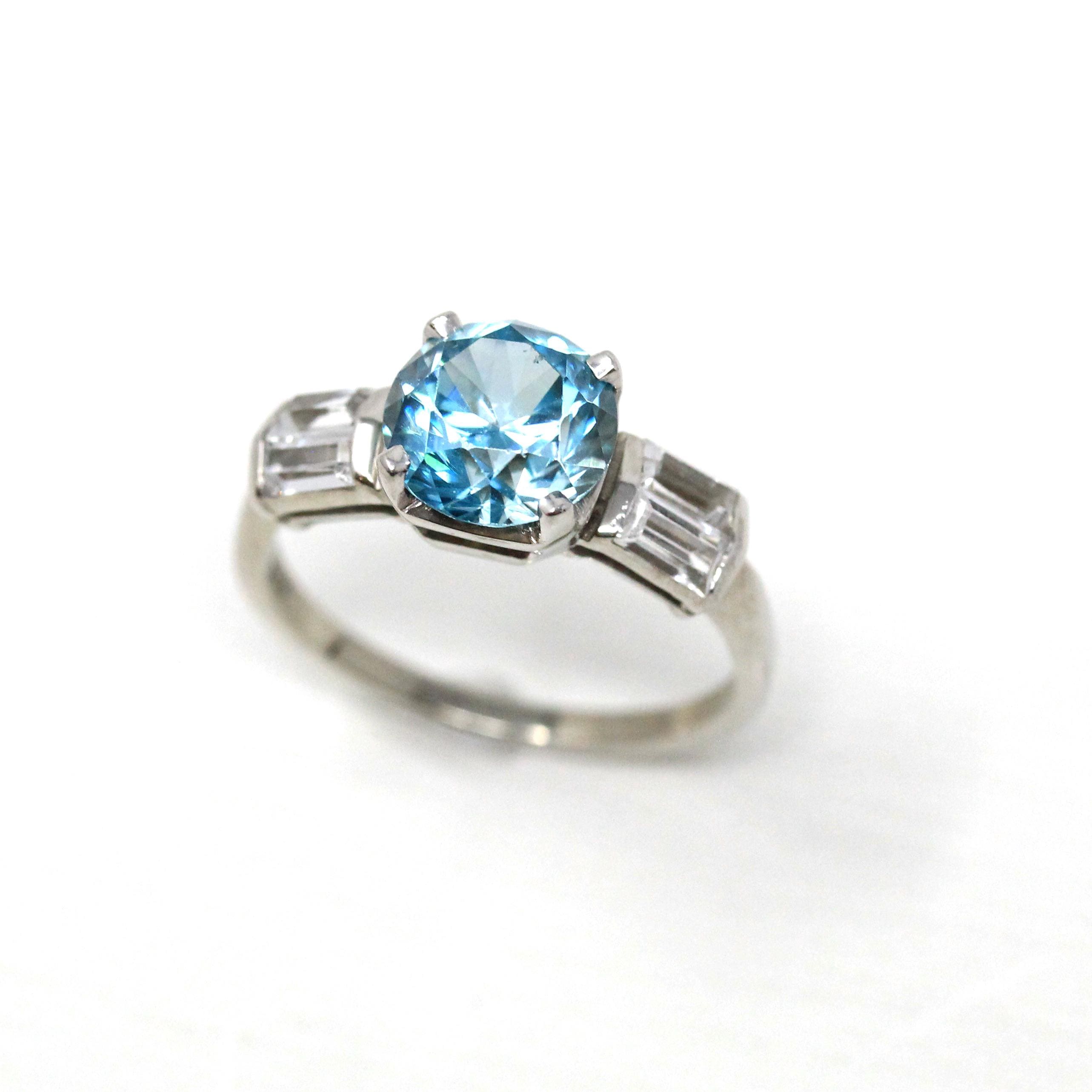 Vintage Blue Zircon Ring - Mid-century 14k White Gold Created White Spinel Gems - Circa 1950s Size 6 1/2 Alternative Engagement Fine Jewelry