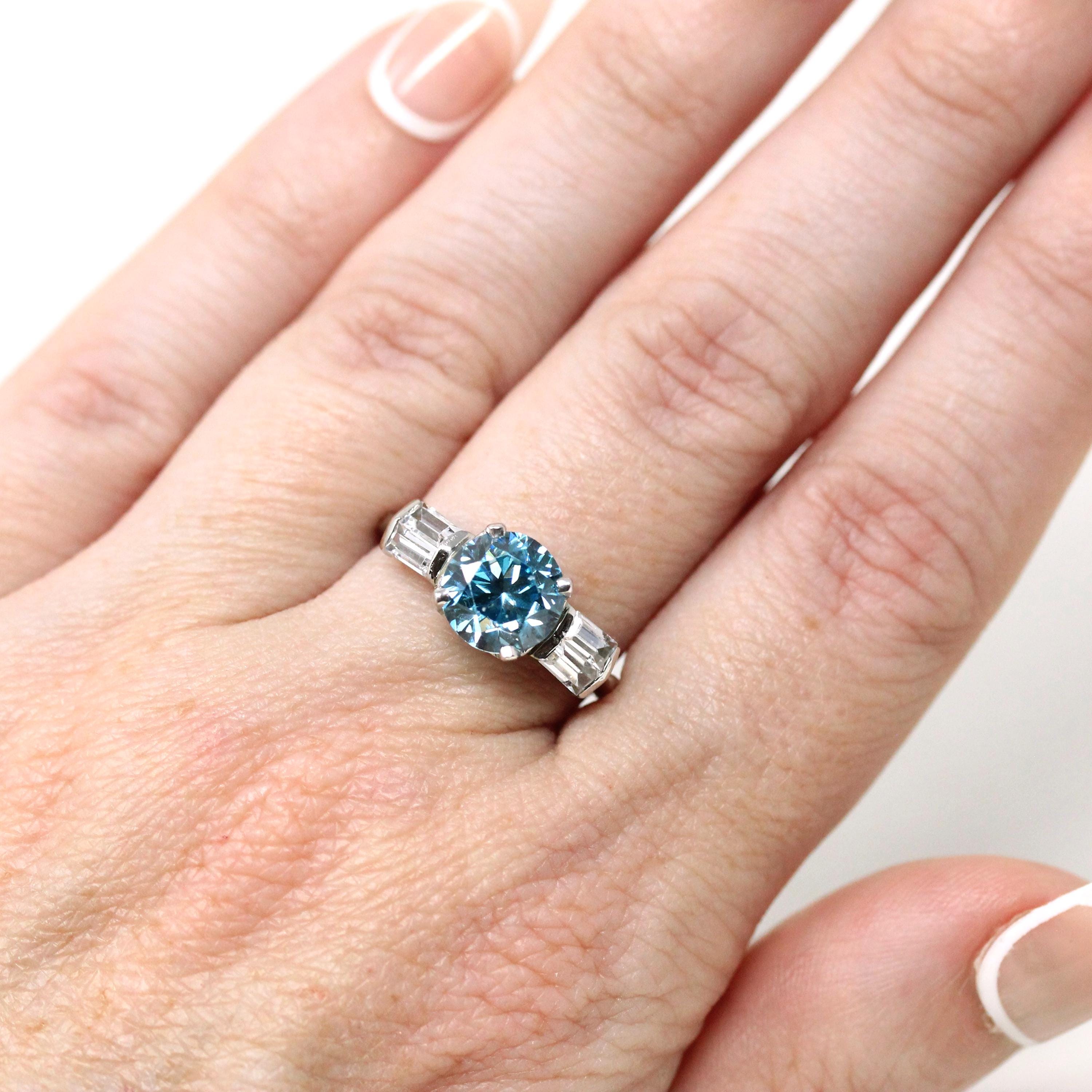 Vintage Blue Zircon Ring - Mid-century 14k White Gold Created White Spinel Gems - Circa 1950s Size 6 1/2 Alternative Engagement Fine Jewelry